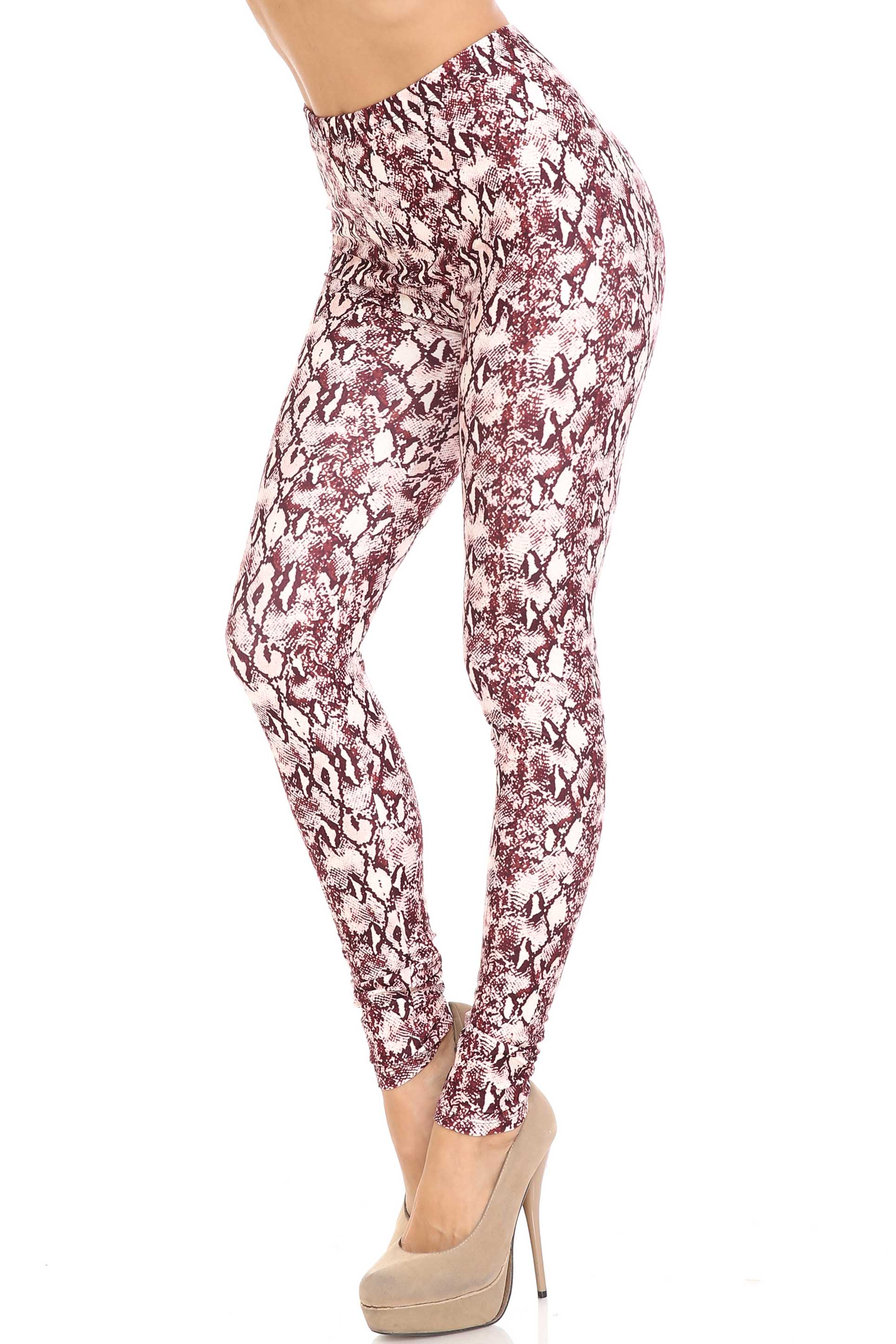 Creamy Soft Crimson Snakeskin Leggings - USA Fashion (One Size Regular,Burgundy)