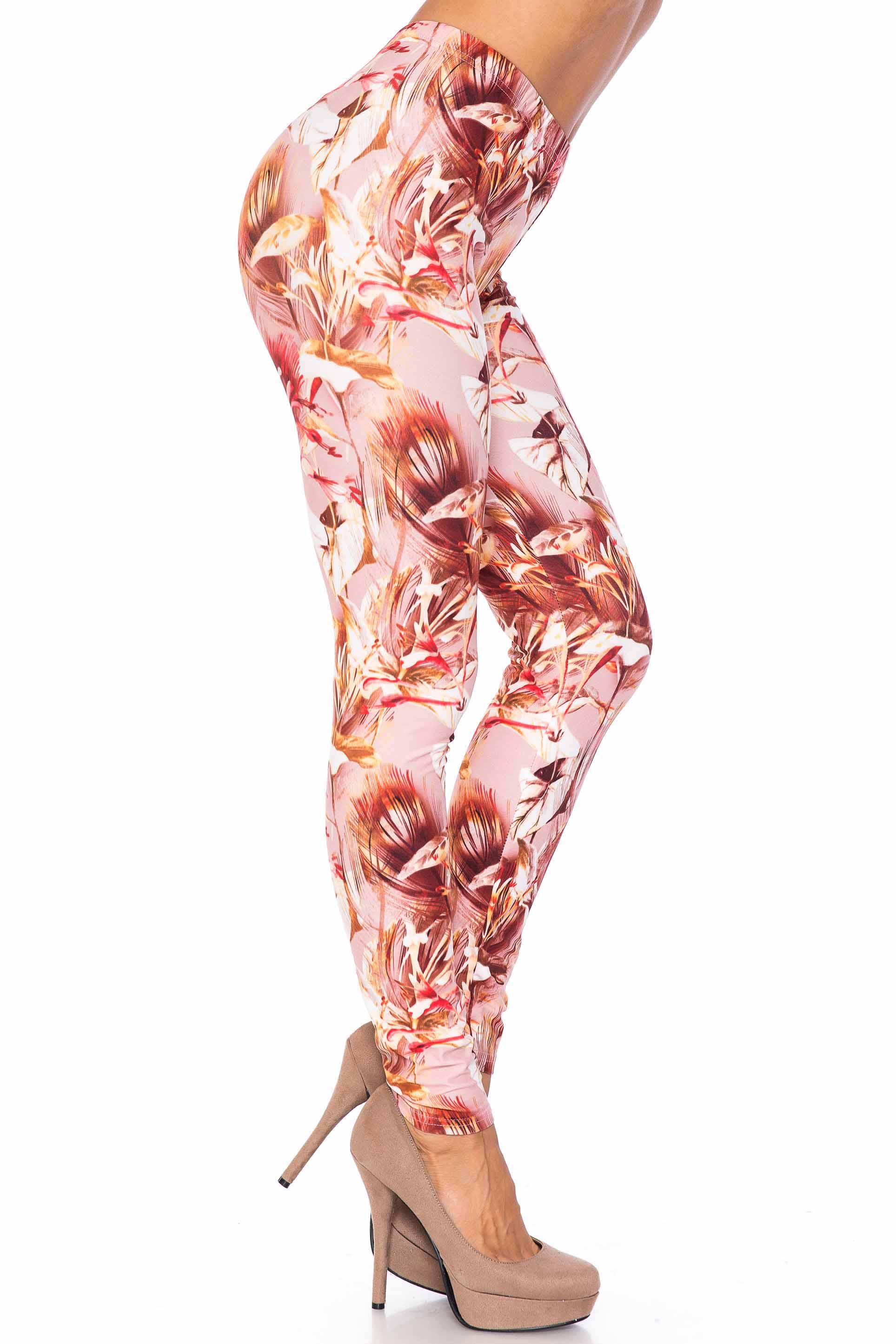 Creamy Soft Mocha Floral Leggings - USA Fashion (One Size Regular,Brown)