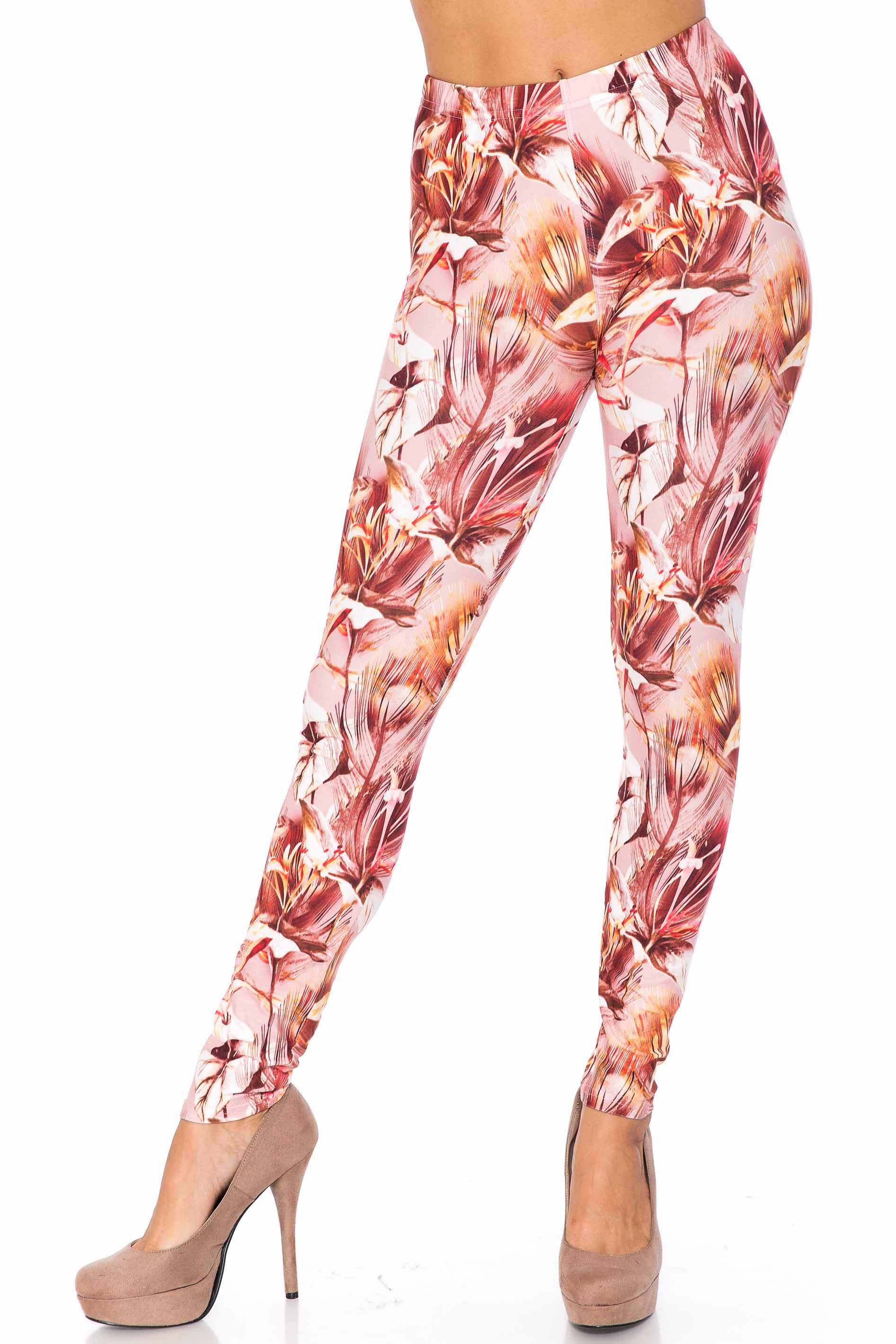 Creamy Soft Mocha Floral Leggings - USA Fashion (One Size Regular,Brown)