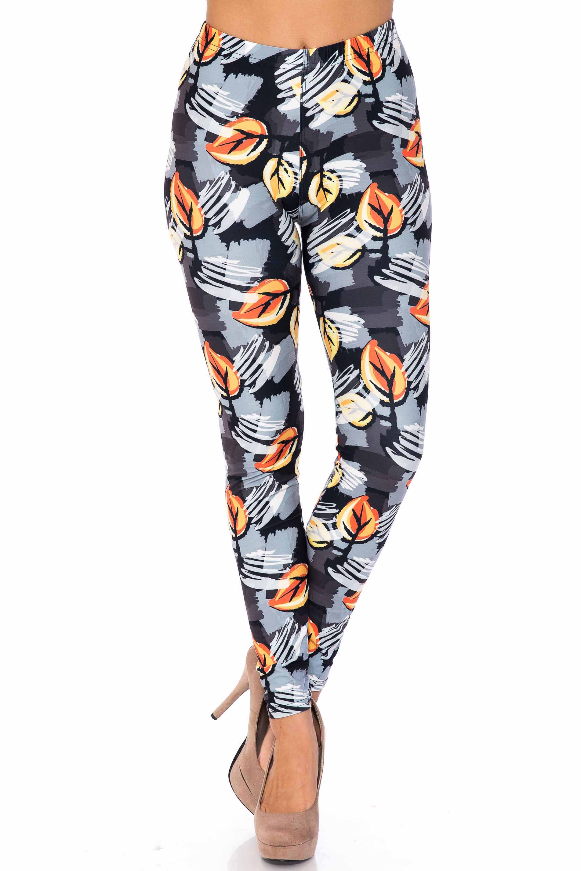 Creamy Soft Orange Leaf Breeze Leggings - USA Fashion (One Size Regular,Charcoal)