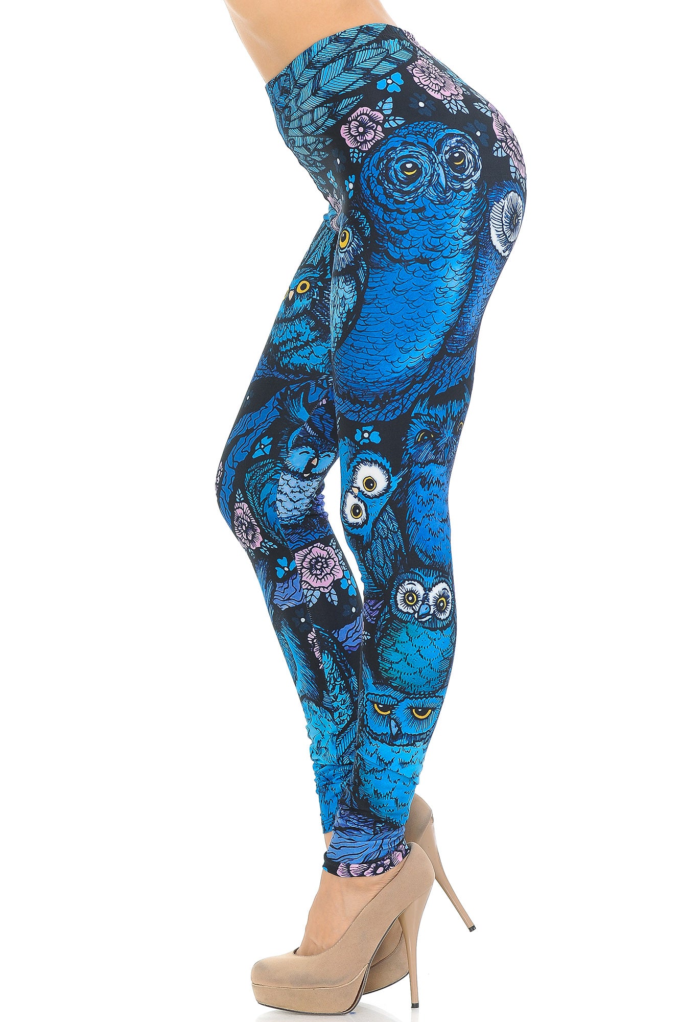 Creamy Soft Blue Owl Collage Leggings - USA Fashion (One Size Regular,Blue)