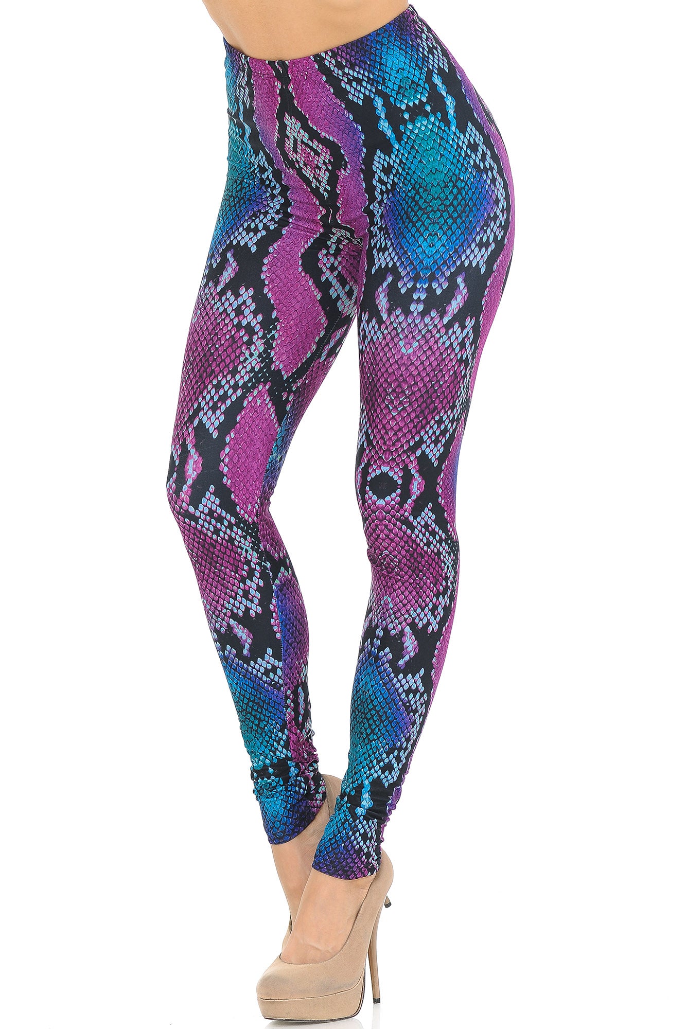 Creamy Soft Pink and Blue Snakeskin Leggings - USA Fashion (One Size Regular,Fuchsia)