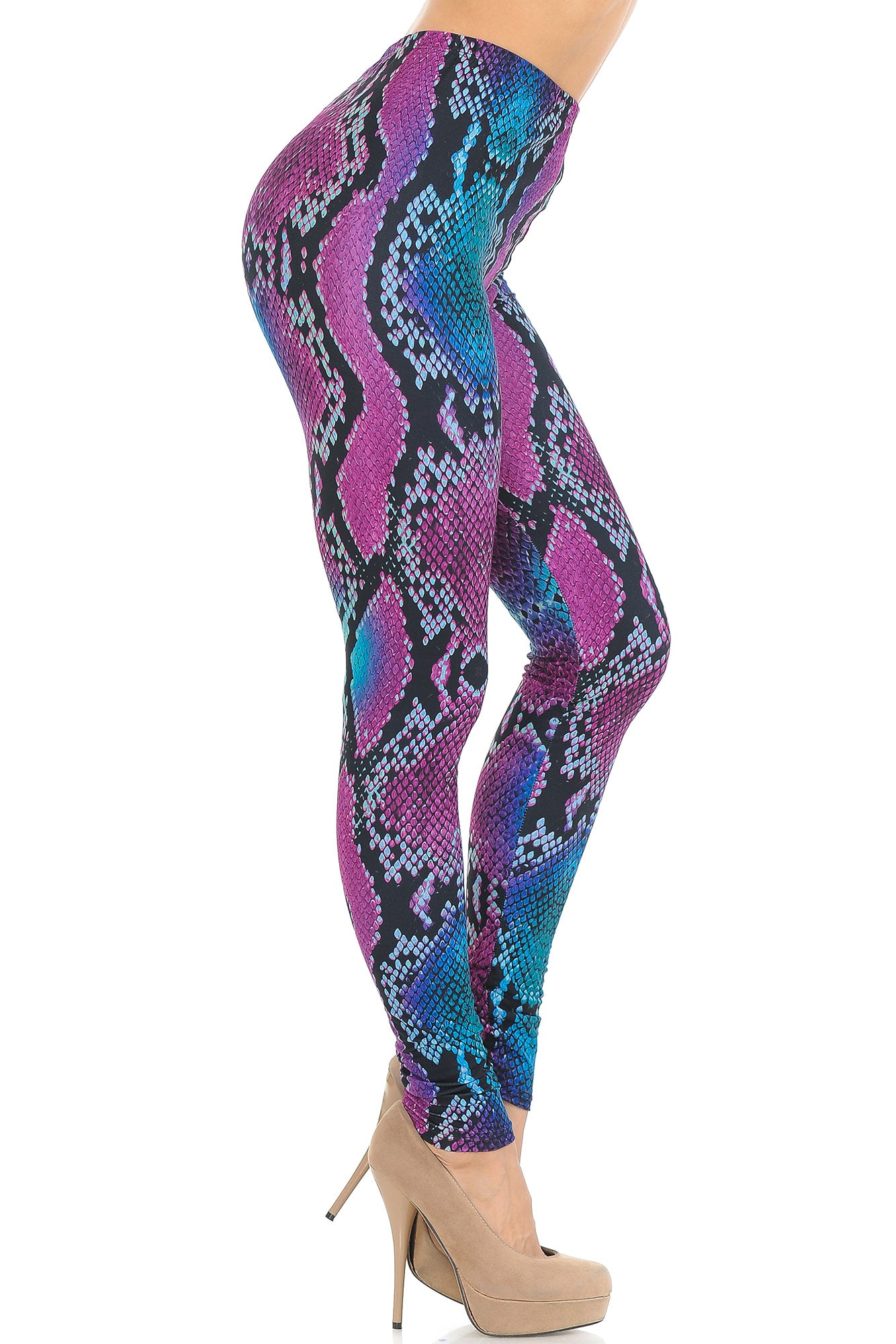 Creamy Soft Pink and Blue Snakeskin Leggings - USA Fashion (One Size Regular,Fuchsia)