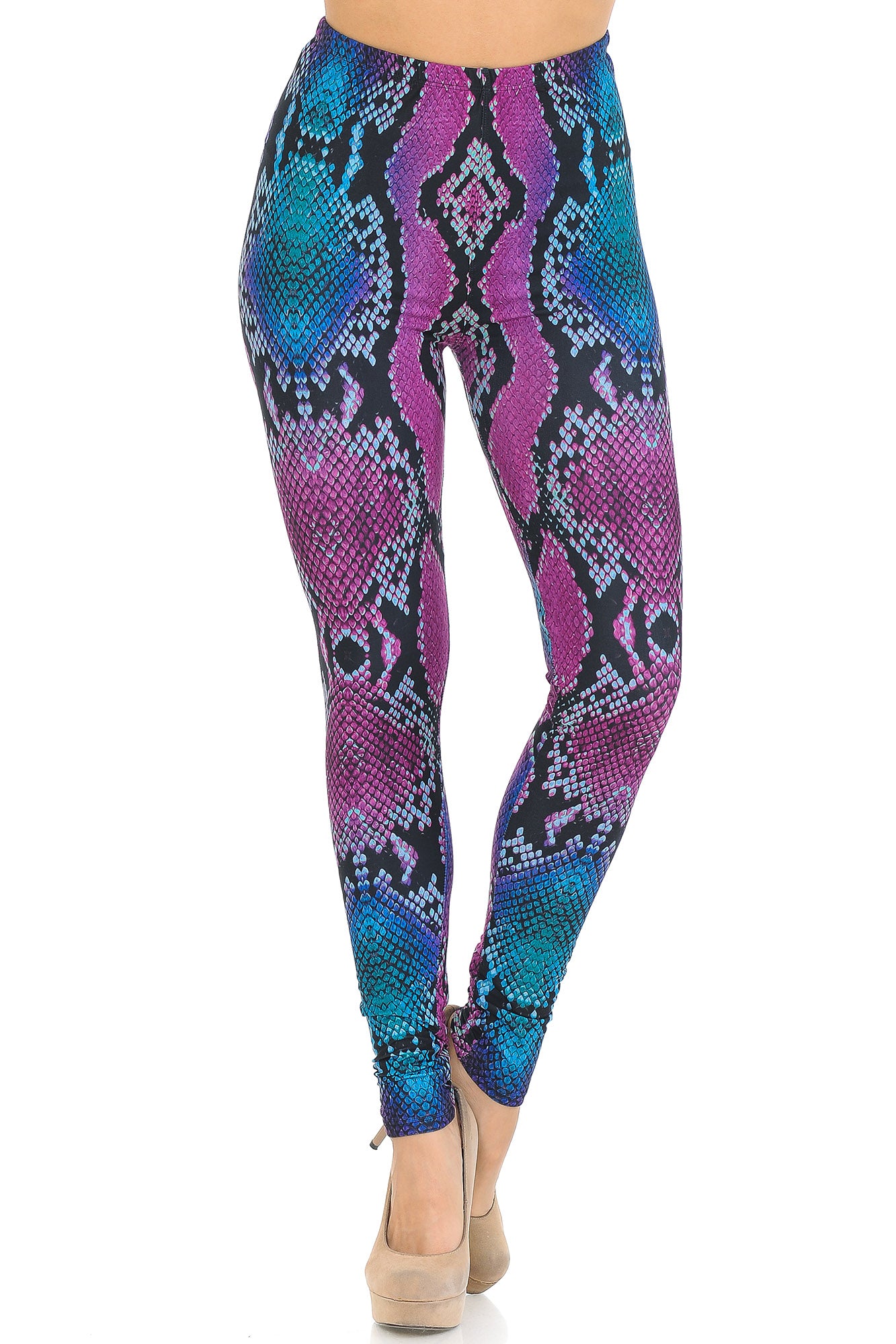Creamy Soft Pink and Blue Snakeskin Leggings - USA Fashion (One Size Regular,Fuchsia)