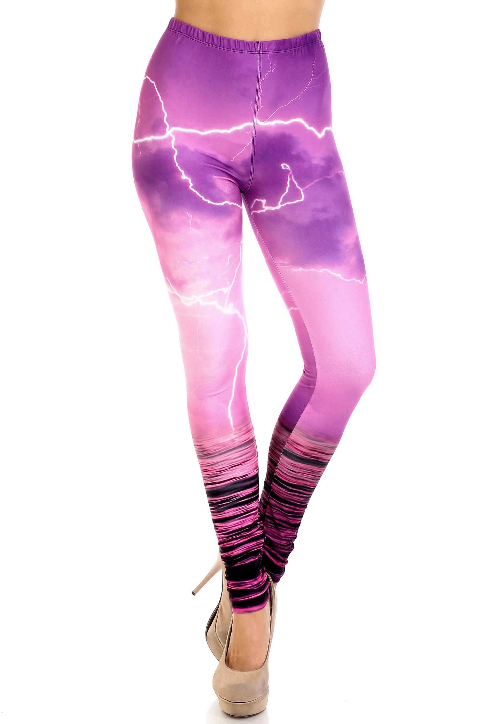 Creamy Soft Pink Lightning Storm Leggings - USA Fashion (One Size Regular,Fuchsia)