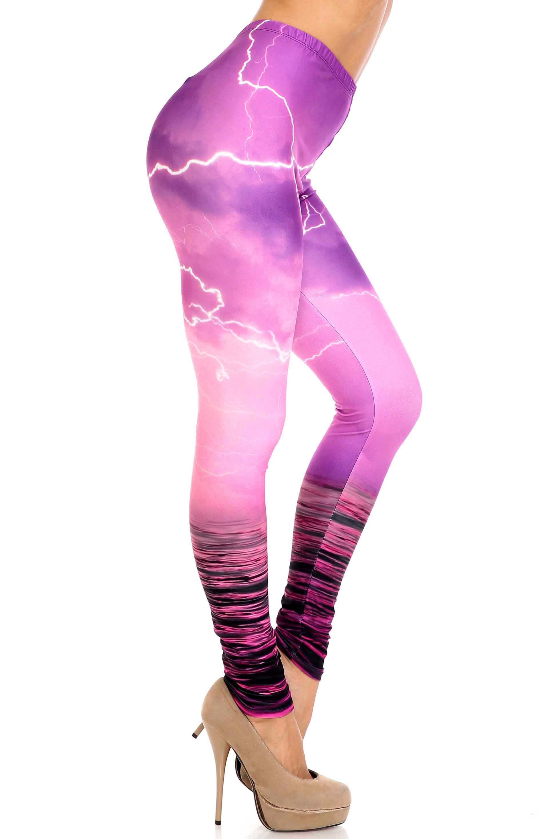 Creamy Soft Pink Lightning Storm Leggings - USA Fashion (One Size Regular,Fuchsia)