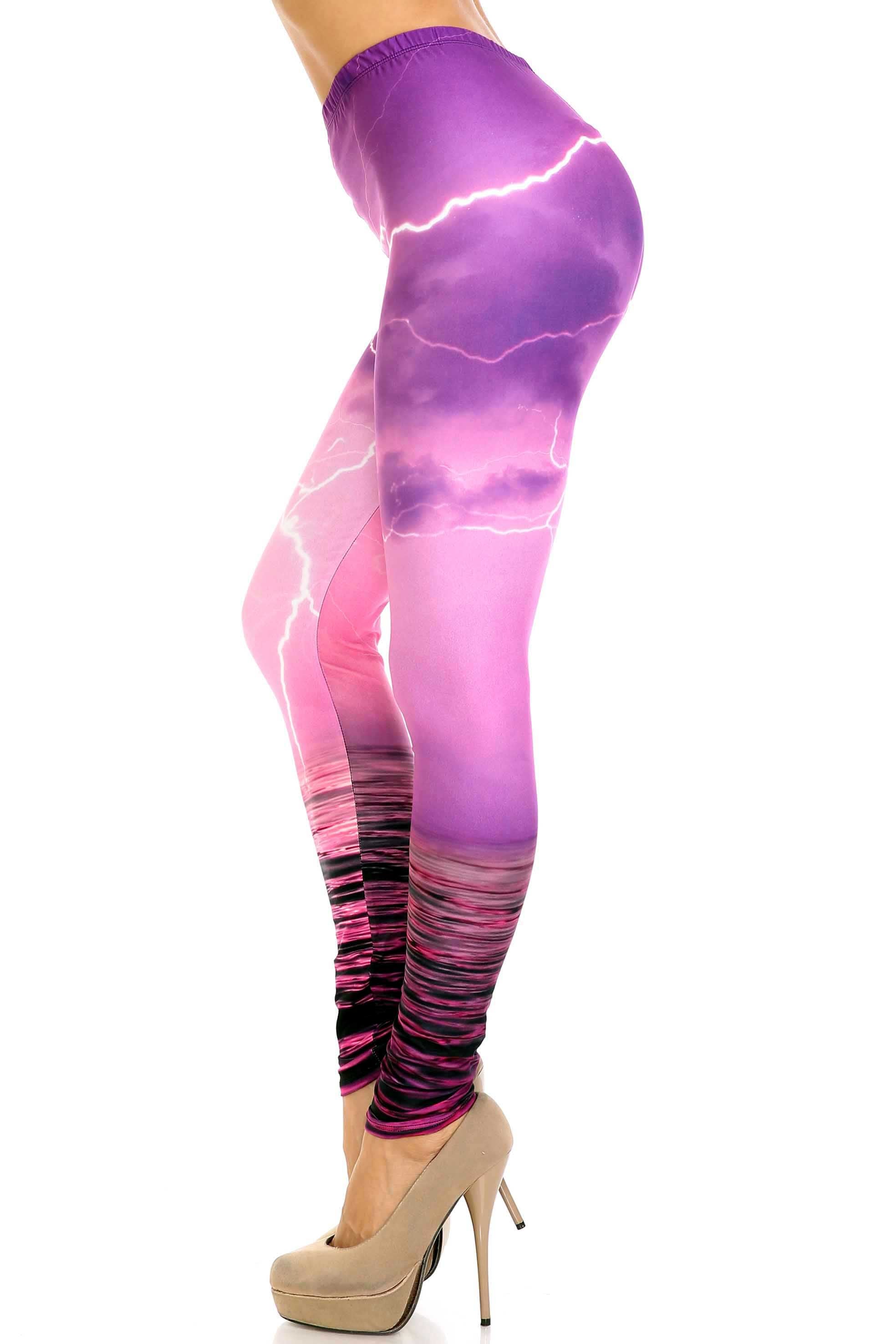 Creamy Soft Pink Lightning Storm Leggings - USA Fashion (One Size Regular,Fuchsia)