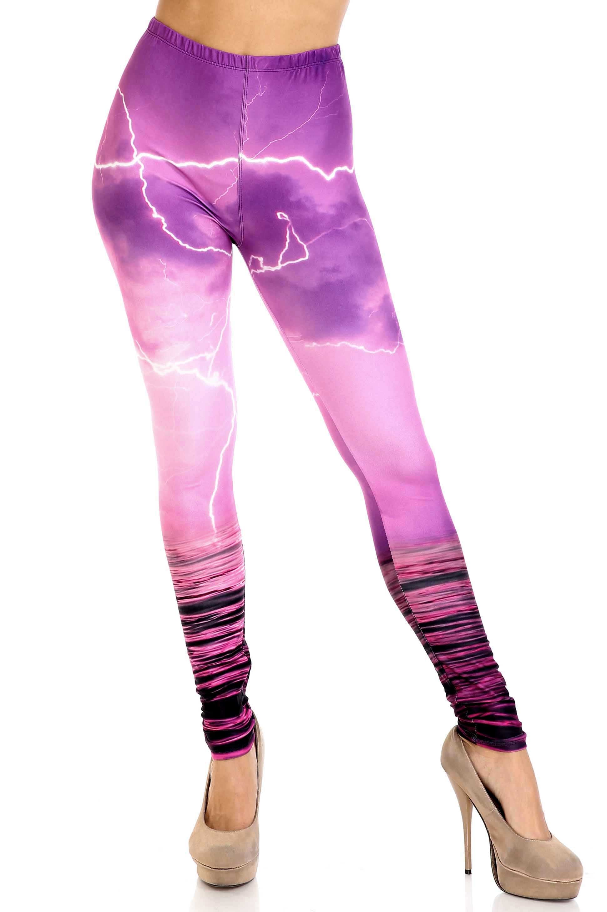 Creamy Soft Pink Lightning Storm Leggings - USA Fashion (One Size Regular,Fuchsia)