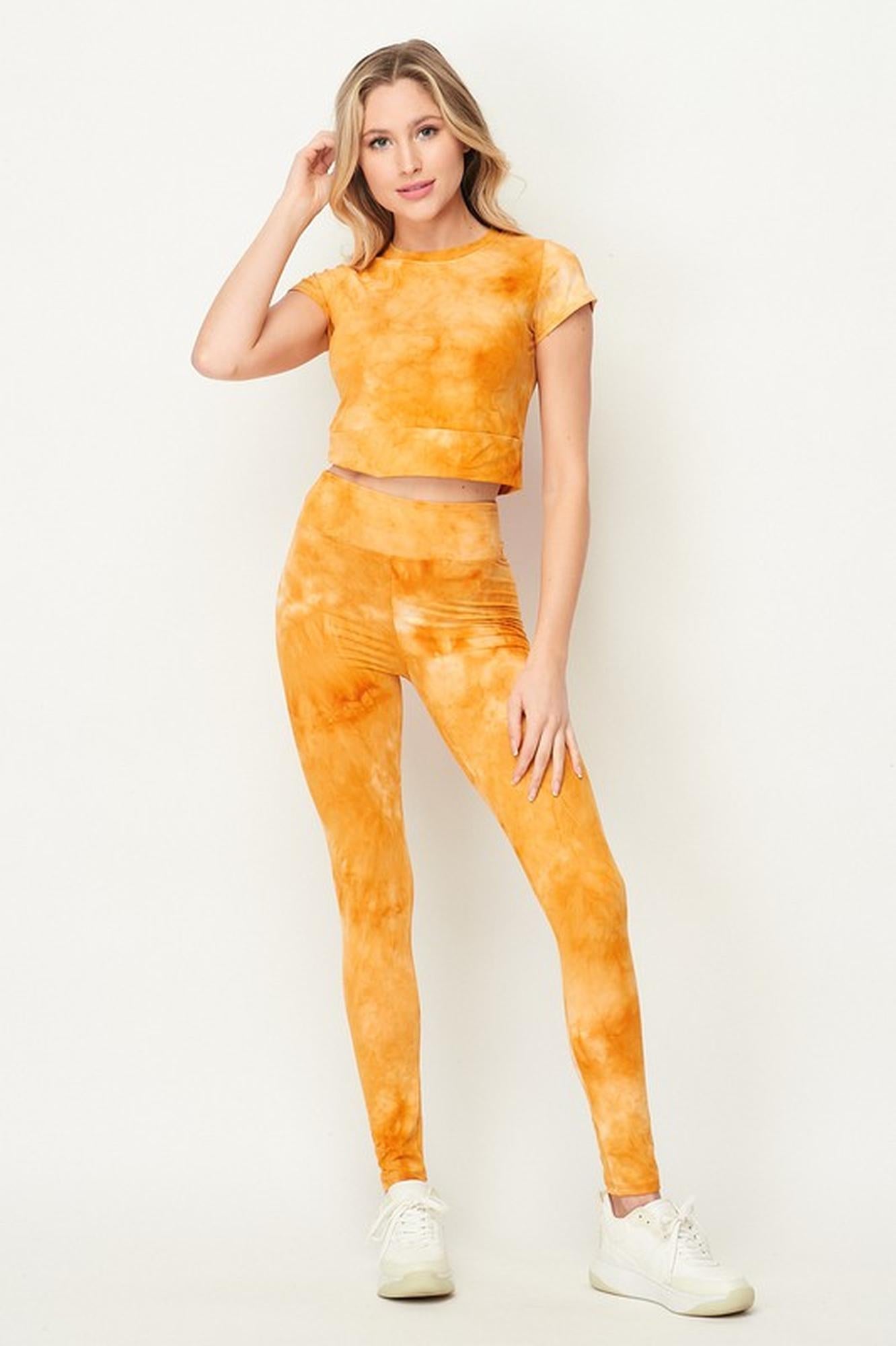 Tie Dye 2 Piece Leggings and Short Sleeve Crop Top Set