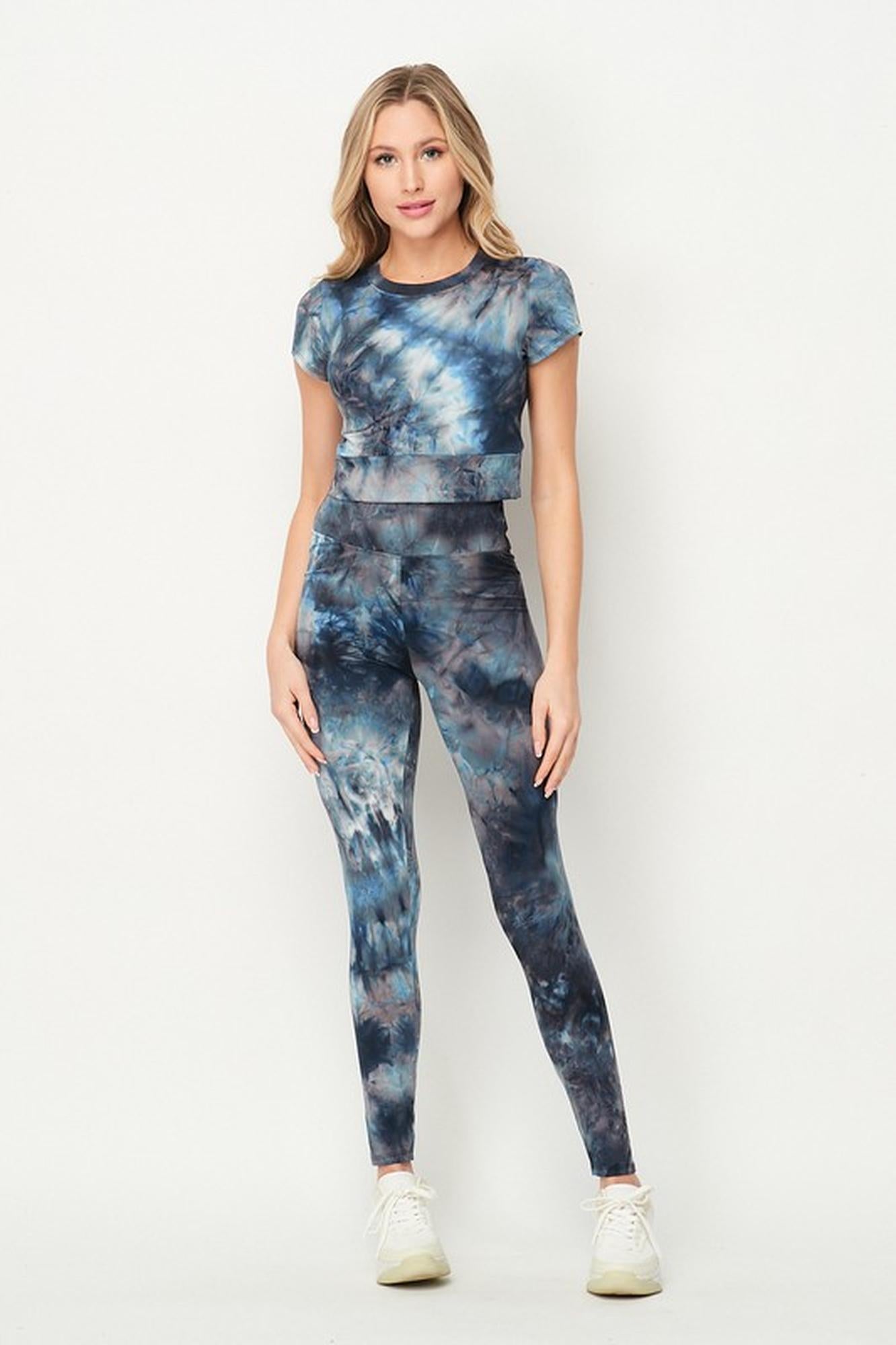 Tie Dye 2 Piece Leggings and Short Sleeve Crop Top Set