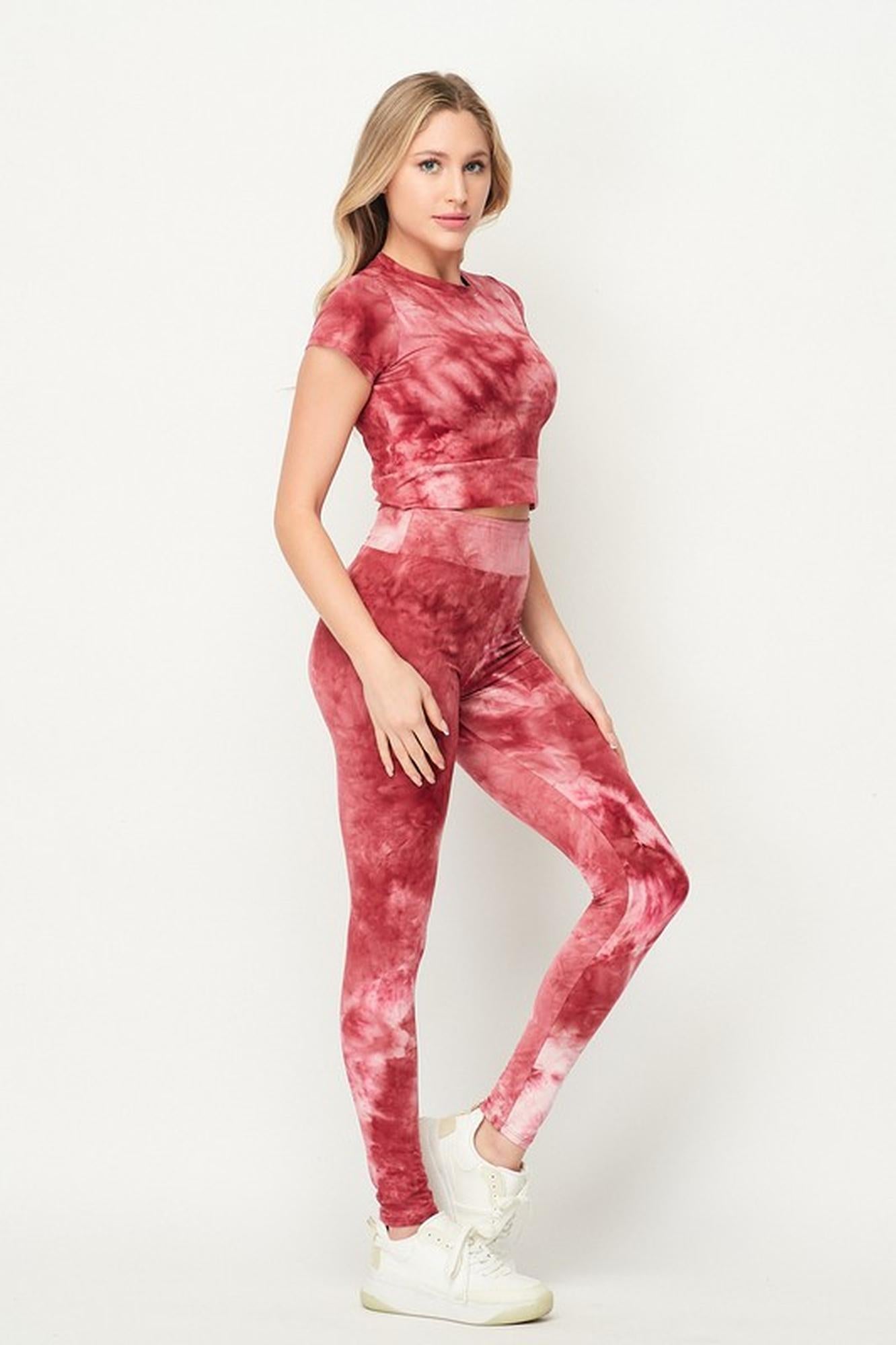 Tie Dye 2 Piece Leggings and Short Sleeve Crop Top Set