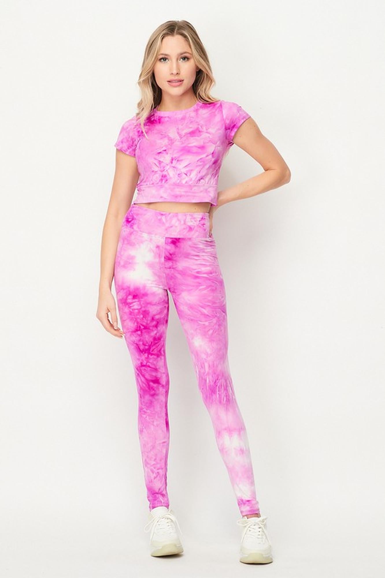 Tie Dye 2 Piece Leggings and Short Sleeve Crop Top Set