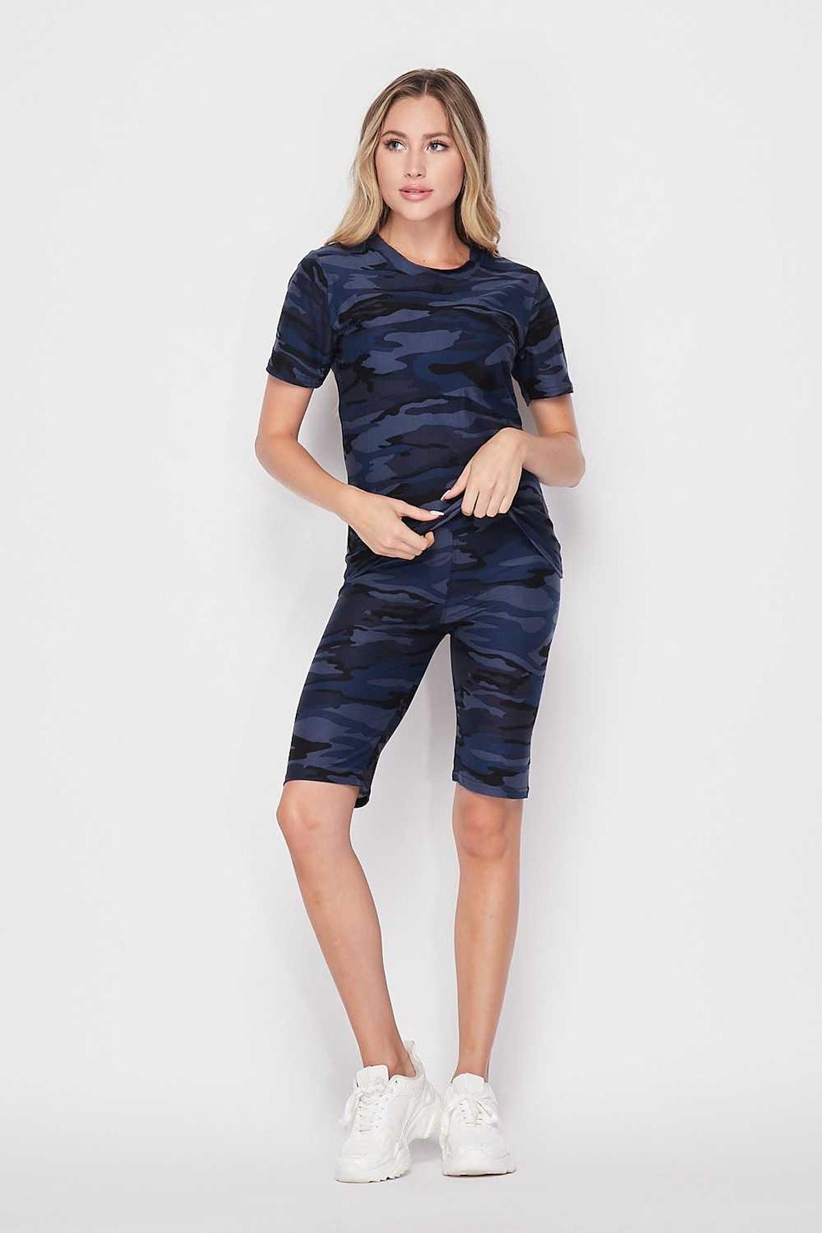 2 Piece Buttery Smooth Navy Camouflage Biker Shorts and T|Shirt Set