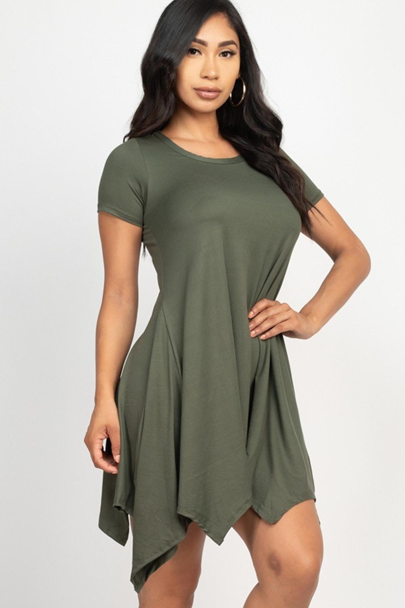 Solid Asymmetrical Short Sleeve Trapeze Dress
