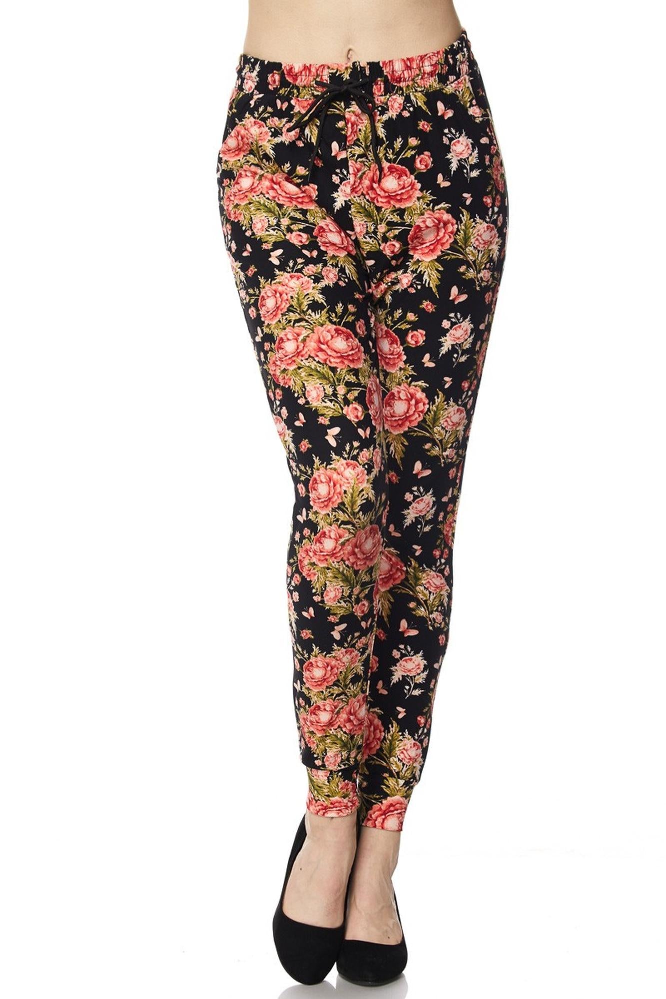 Buttery Soft Summer Floral Joggers with Pockets (One Size Regular,Red)