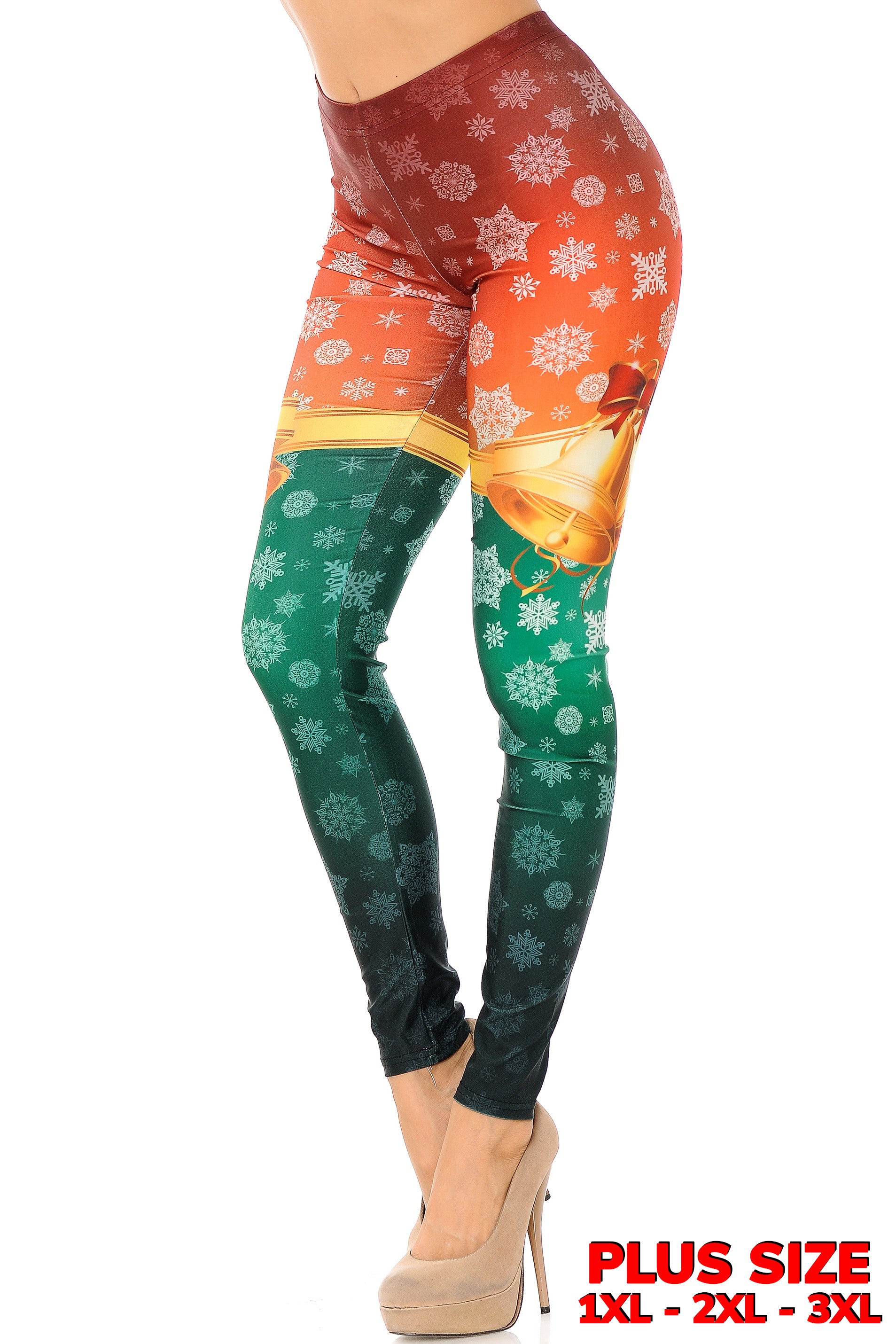 Festive Red and Green Split Christmas Bells Leggings - Plus Size