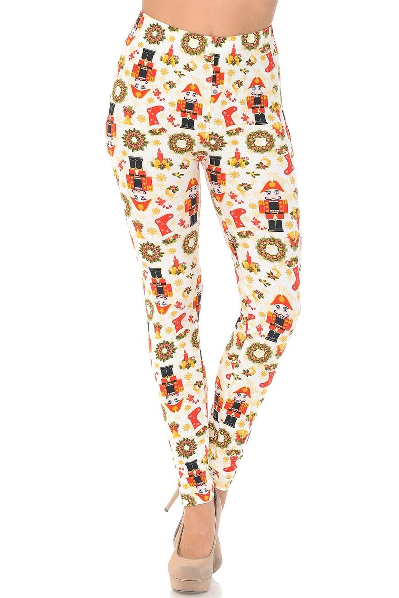 Buttery Soft Festive Ivory Christmas Plus Size Leggings (One Size Plus,Ivory)
