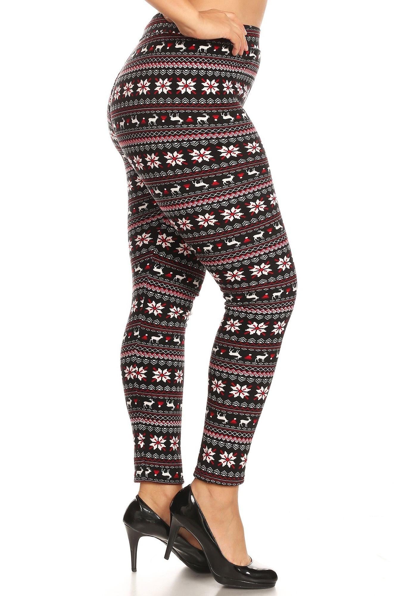Cozy Warm Snowflakes and Reindeer Lined Plus Size Leggings