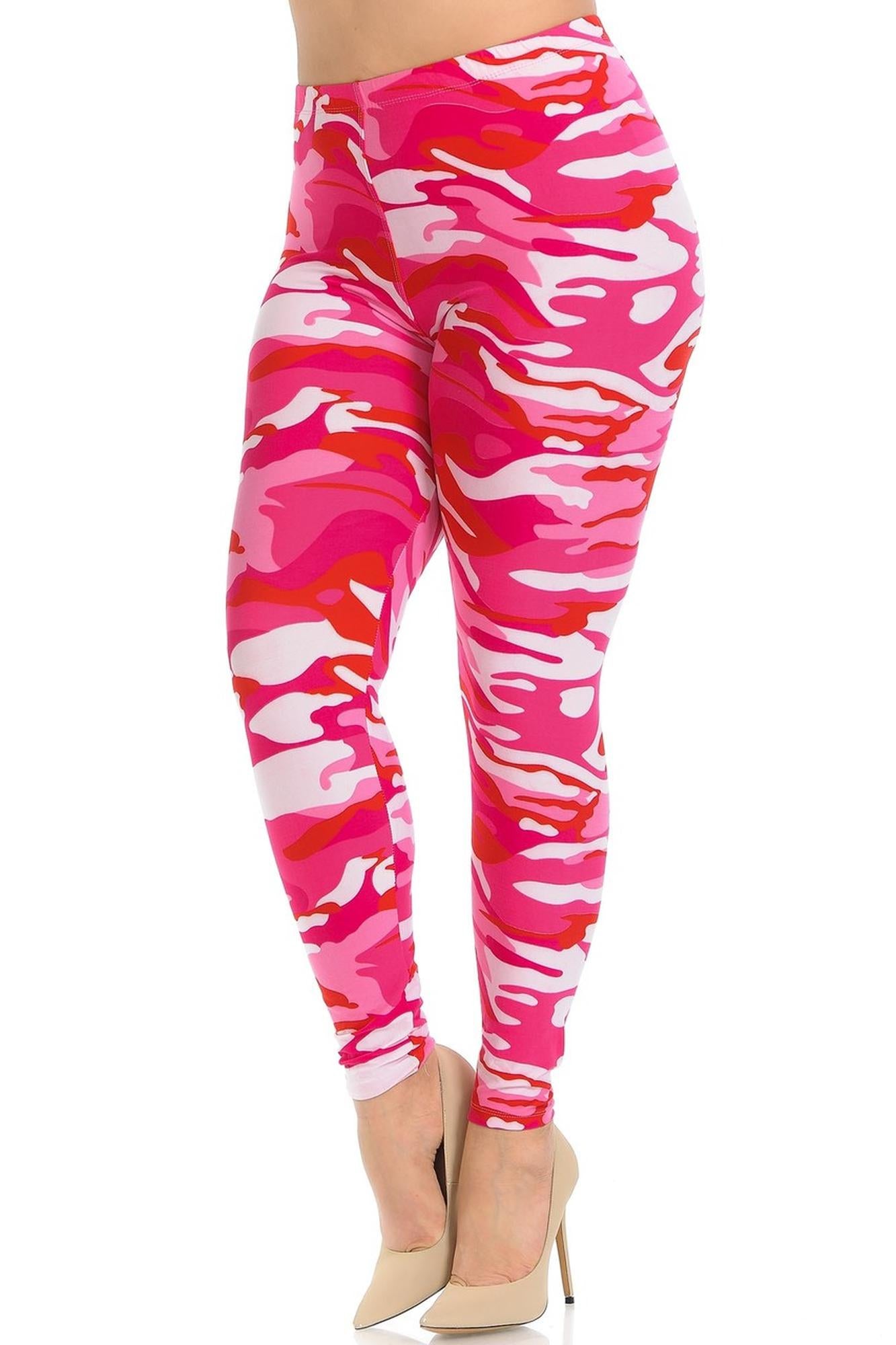 Buttery Soft Pink Camouflage Plus Size Leggings - EEVEE (One Size Plus,Pink)