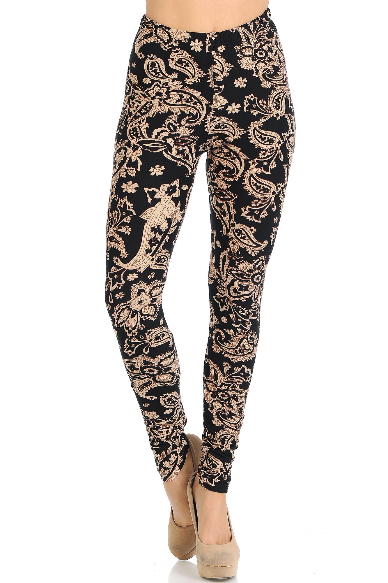 Buttery Soft Sand Pepper Paisley Plus Size Leggings (One Size Plus,Beige)