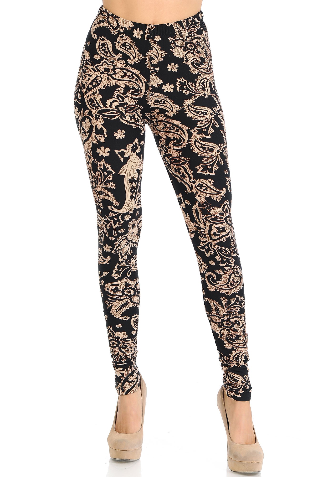 Buttery Soft Sand Pepper Paisley Plus Size Leggings (One Size Plus,Beige)