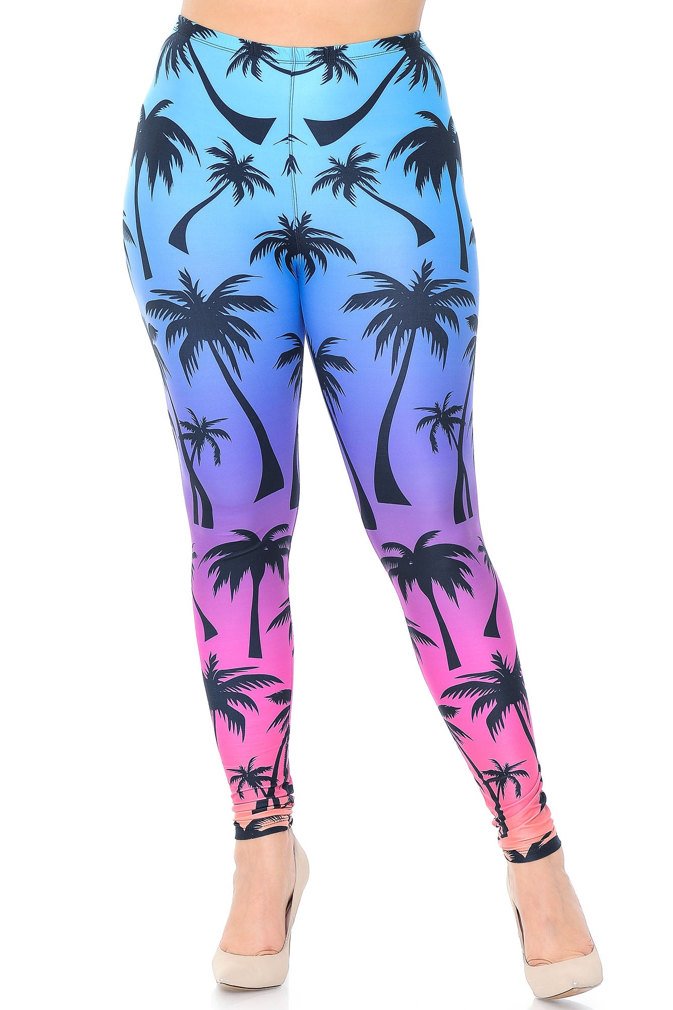 Creamy Soft Ombre Palm Tree Plus Size Leggings - USA Fashion (One Size Plus,Multi Color Bold)