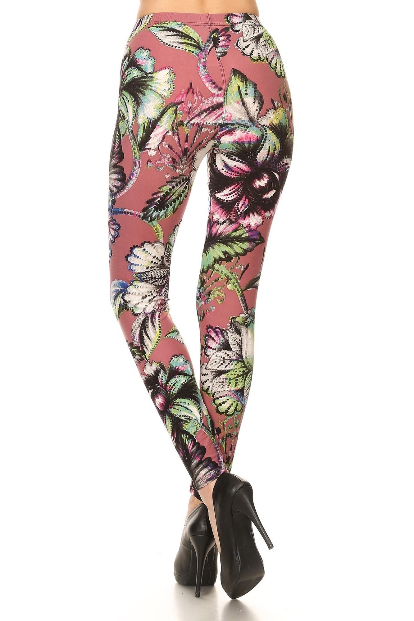 Buttery Soft Mauve Jumbo Floral Leggings (One Size Regular,Pink)