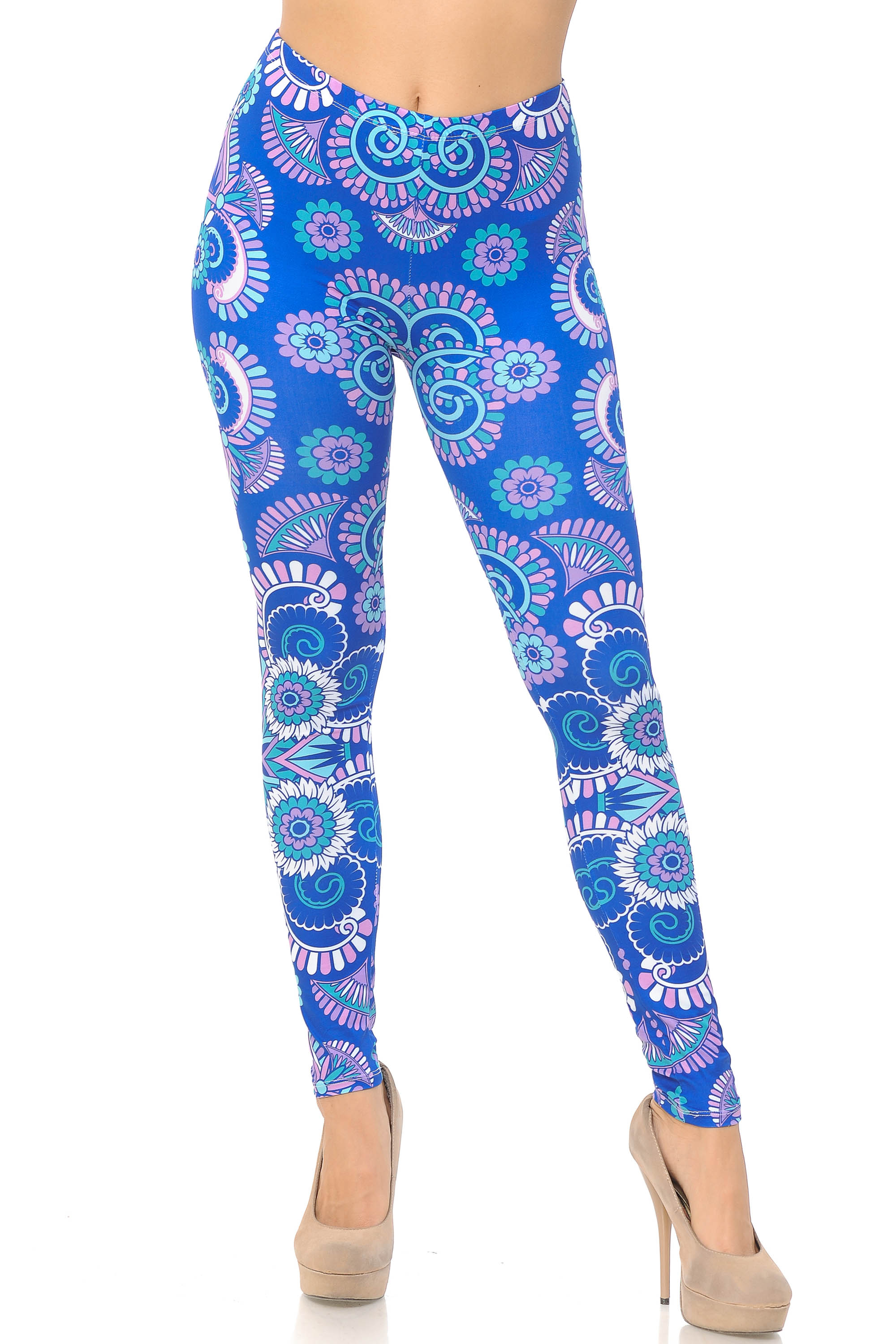 Creamy Soft Blue Mandala Burst Leggings (One Size Regular,Blue)