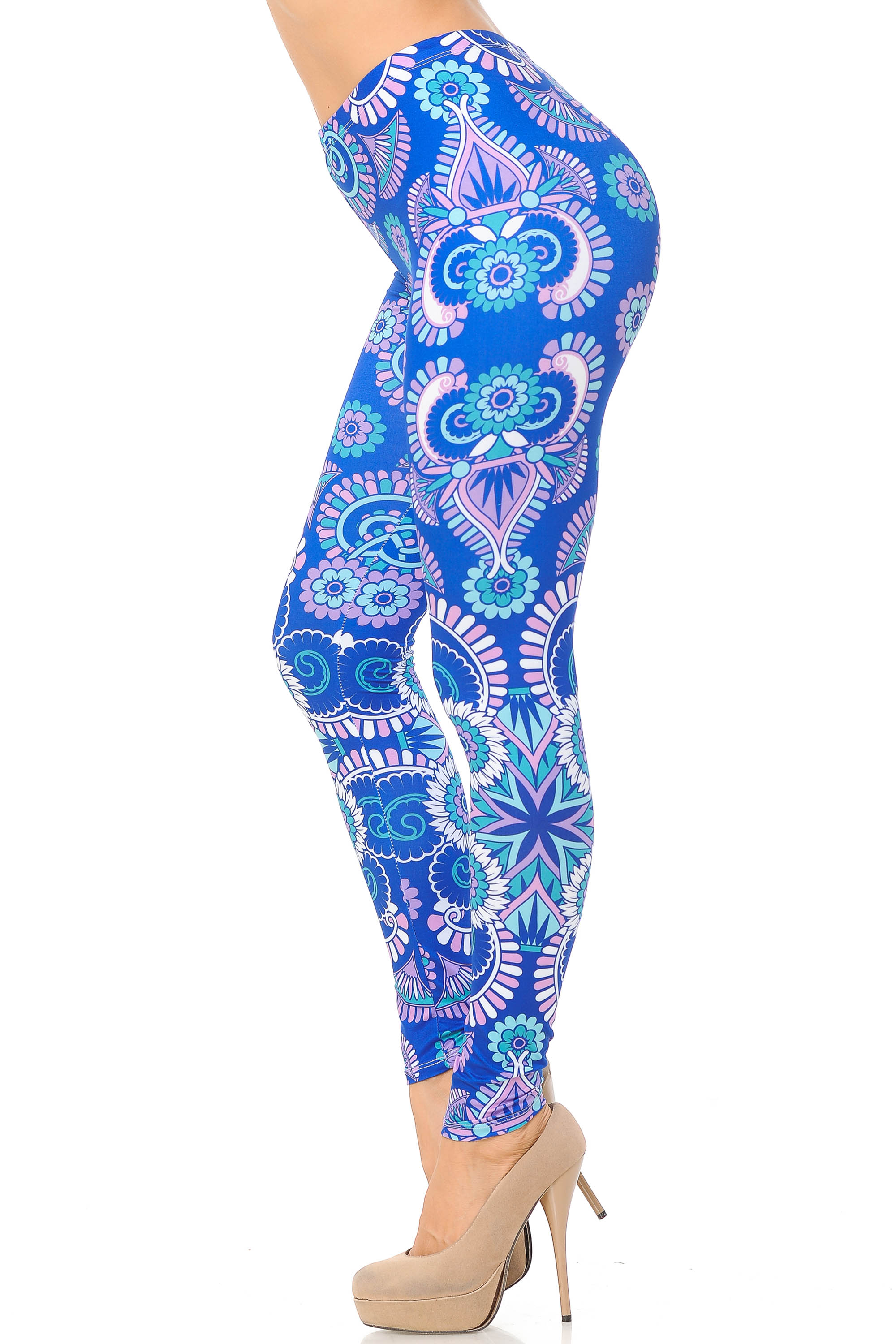 Creamy Soft Blue Mandala Burst Leggings (One Size Regular,Blue)