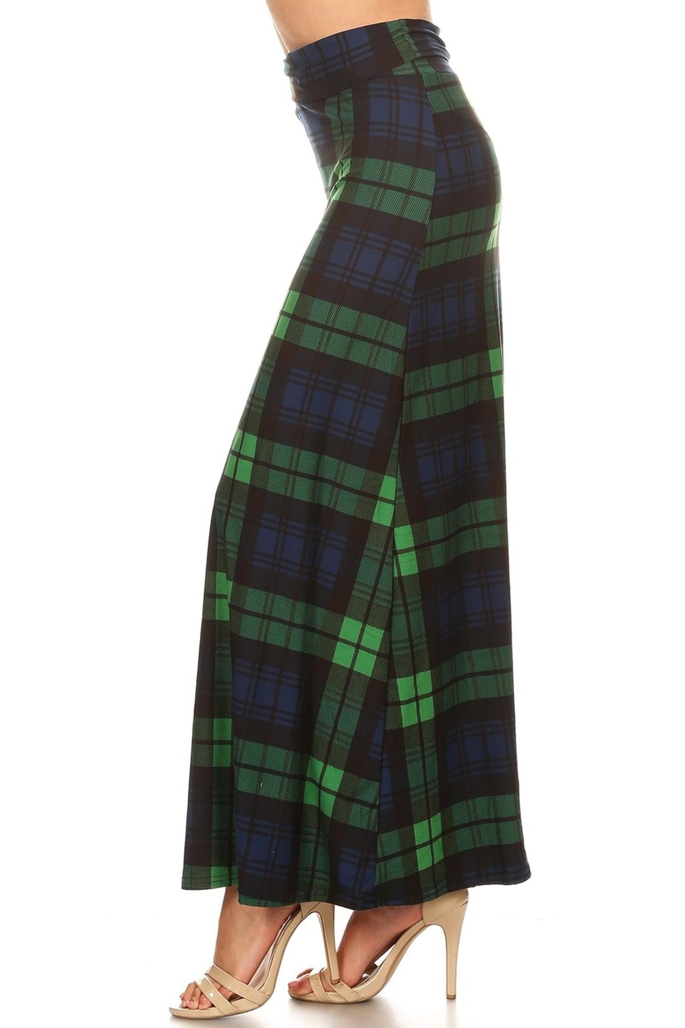Buttery Soft Green Plaid Maxi Skirt (One Size Regular,Green)