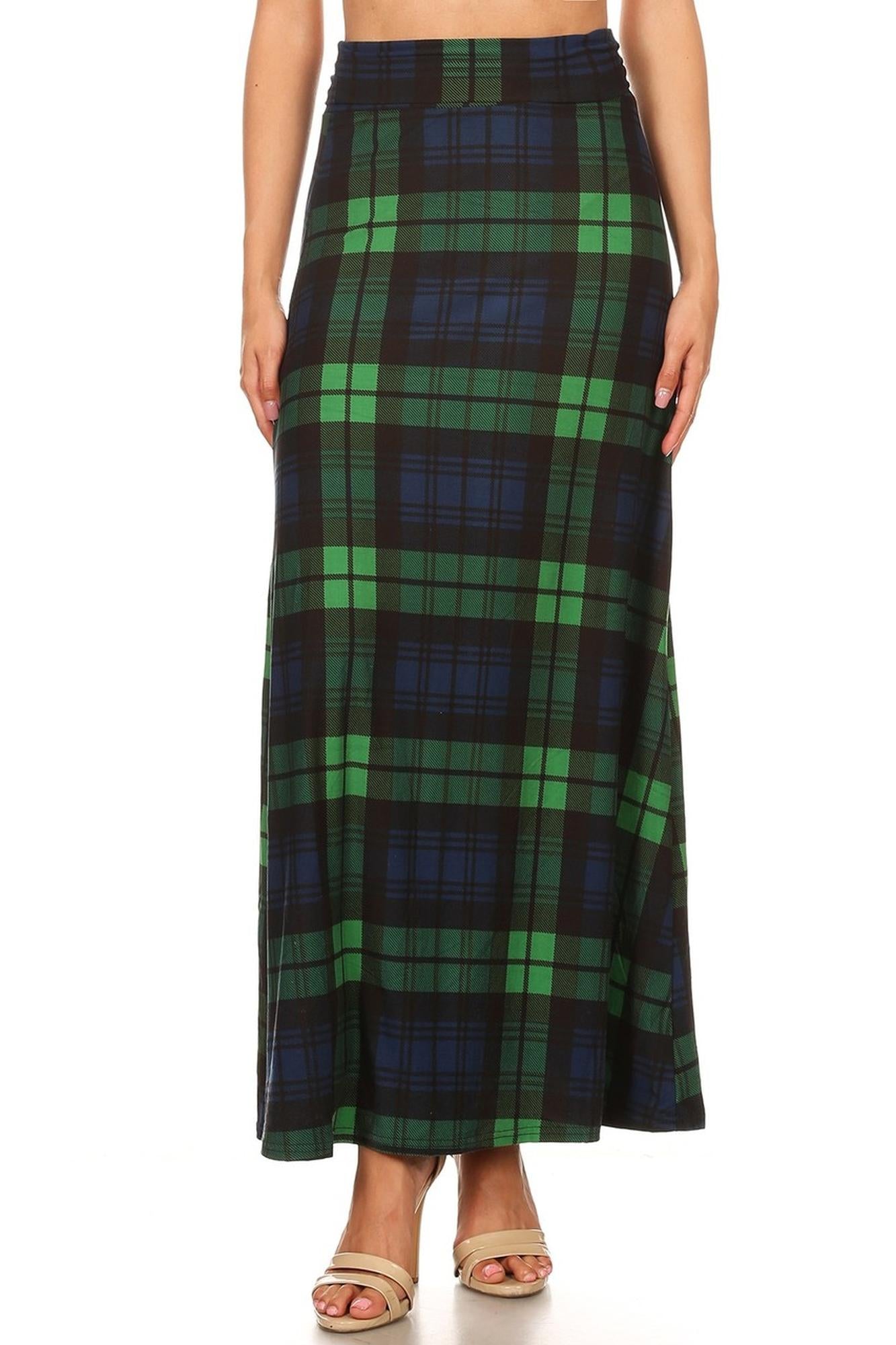 Buttery Soft Green Plaid Maxi Skirt (One Size Regular,Green)