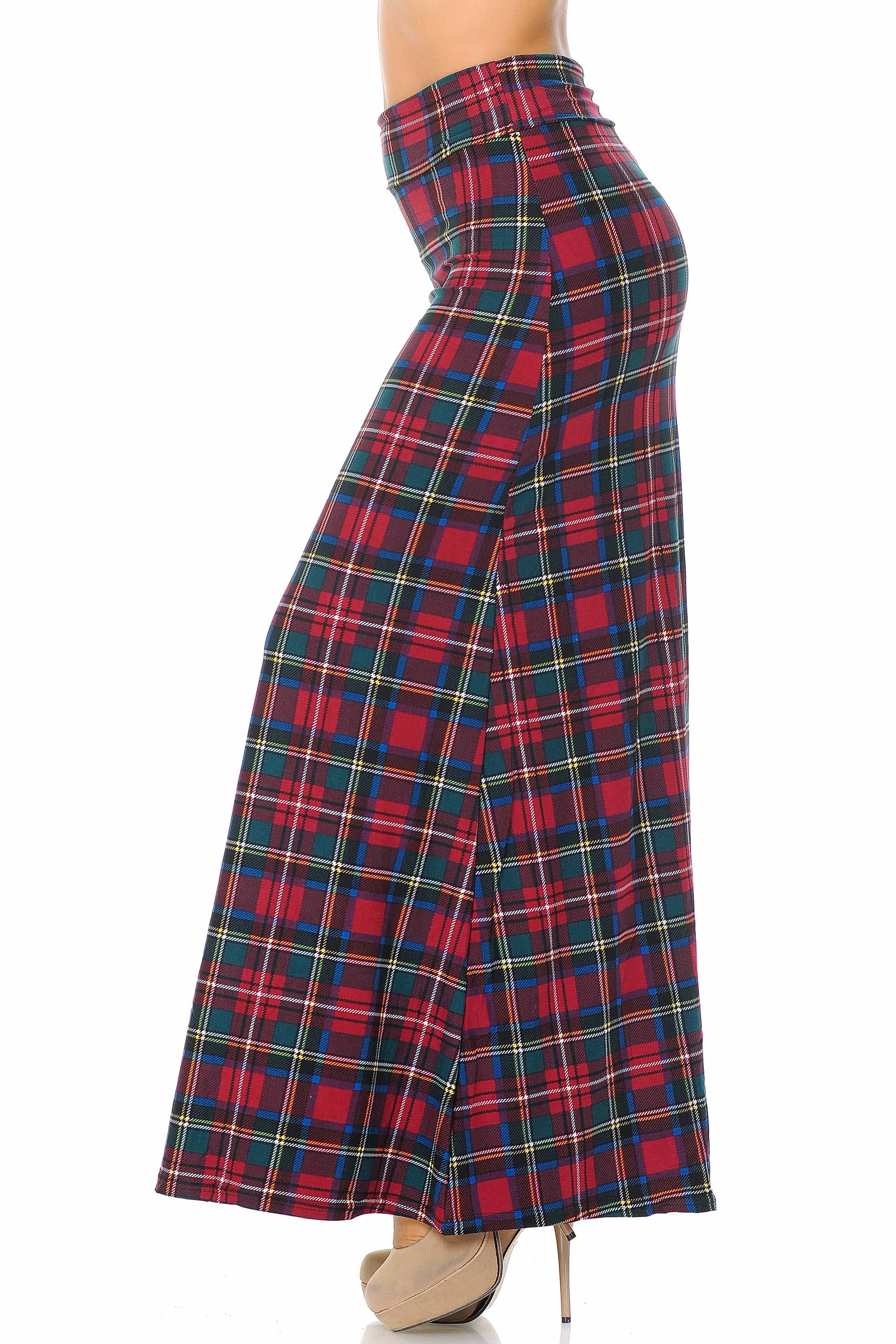 Buttery Soft Modish Plaid Maxi Skirt (One Size Regular,Burgundy)