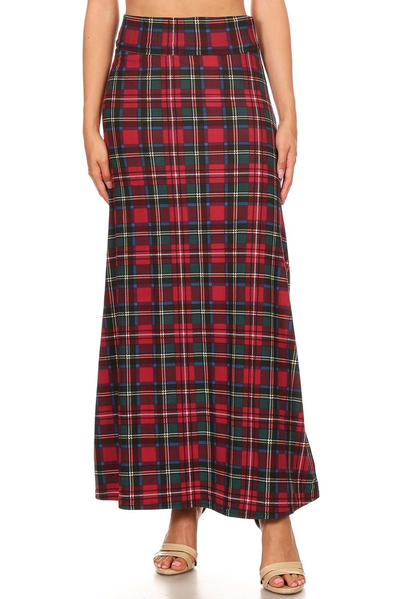 Buttery Soft Modish Plaid Maxi Skirt (One Size Regular,Burgundy)
