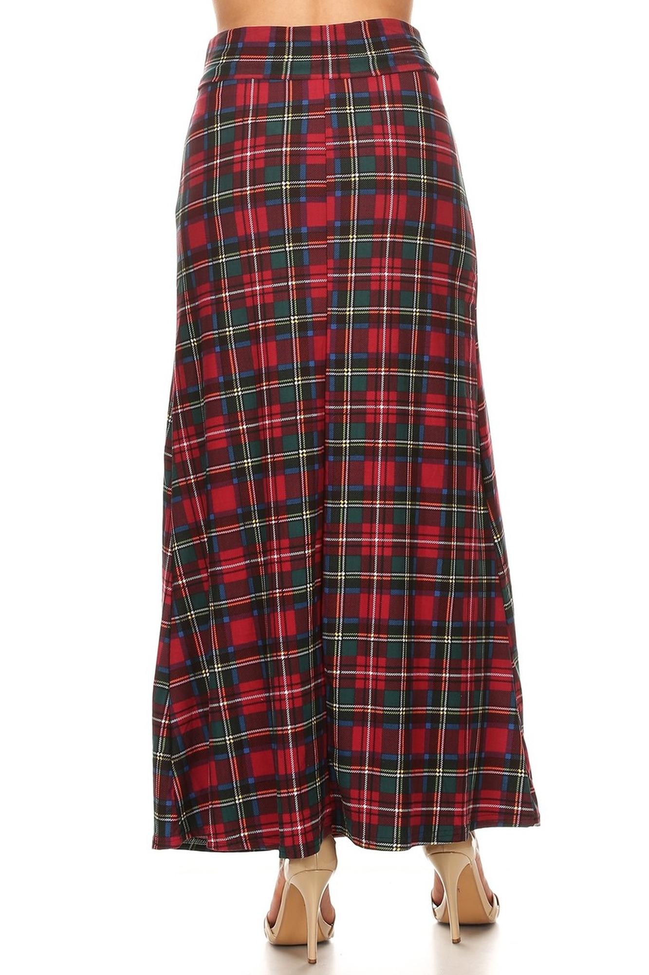 Buttery Soft Modish Plaid Maxi Skirt (One Size Regular,Burgundy)