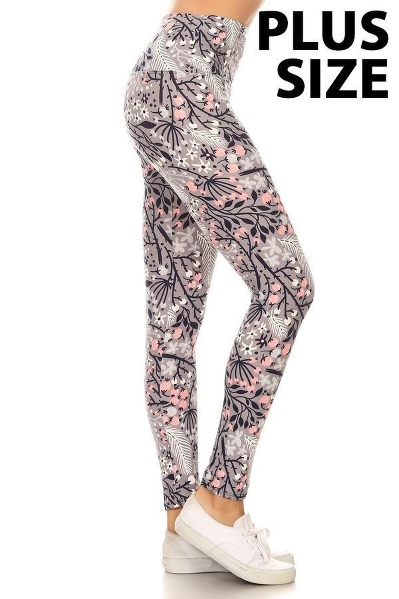 Buttery Nature Floral High Waist Plus Size Leggings (One Size Plus,Heather Grey)