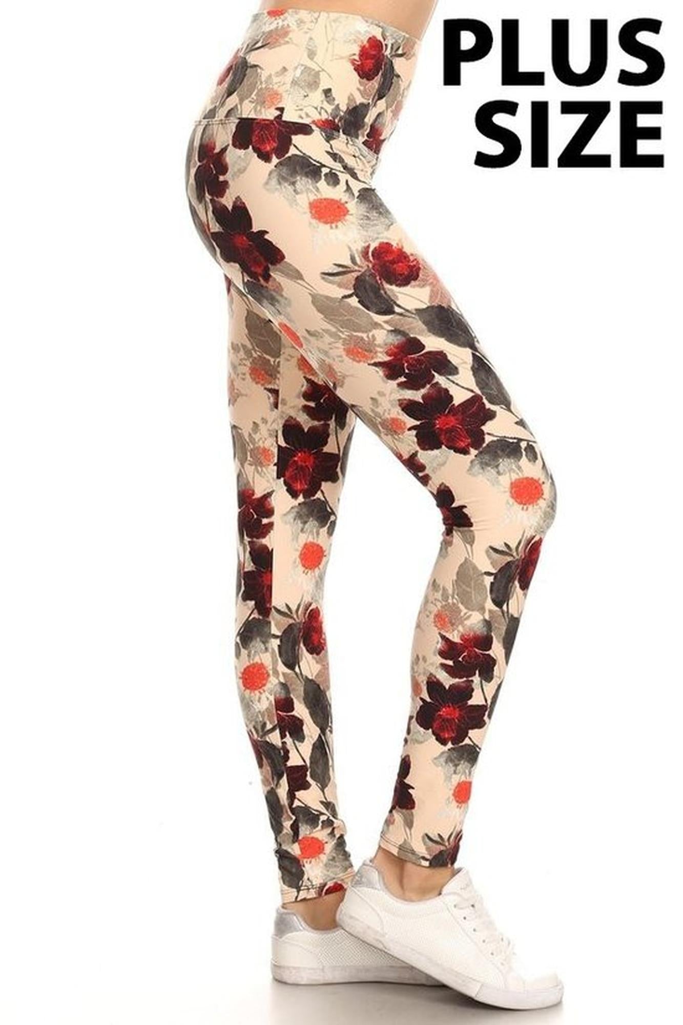 Buttery Soft Autumn Floral High Waist Plus Size Leggings (One Size Plus,Beige)