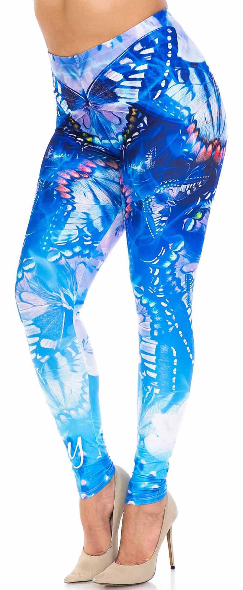 Creamy Soft Reflecting Butterflies Plus Size Leggings | USA Fashion (One Size Plus,Blue)