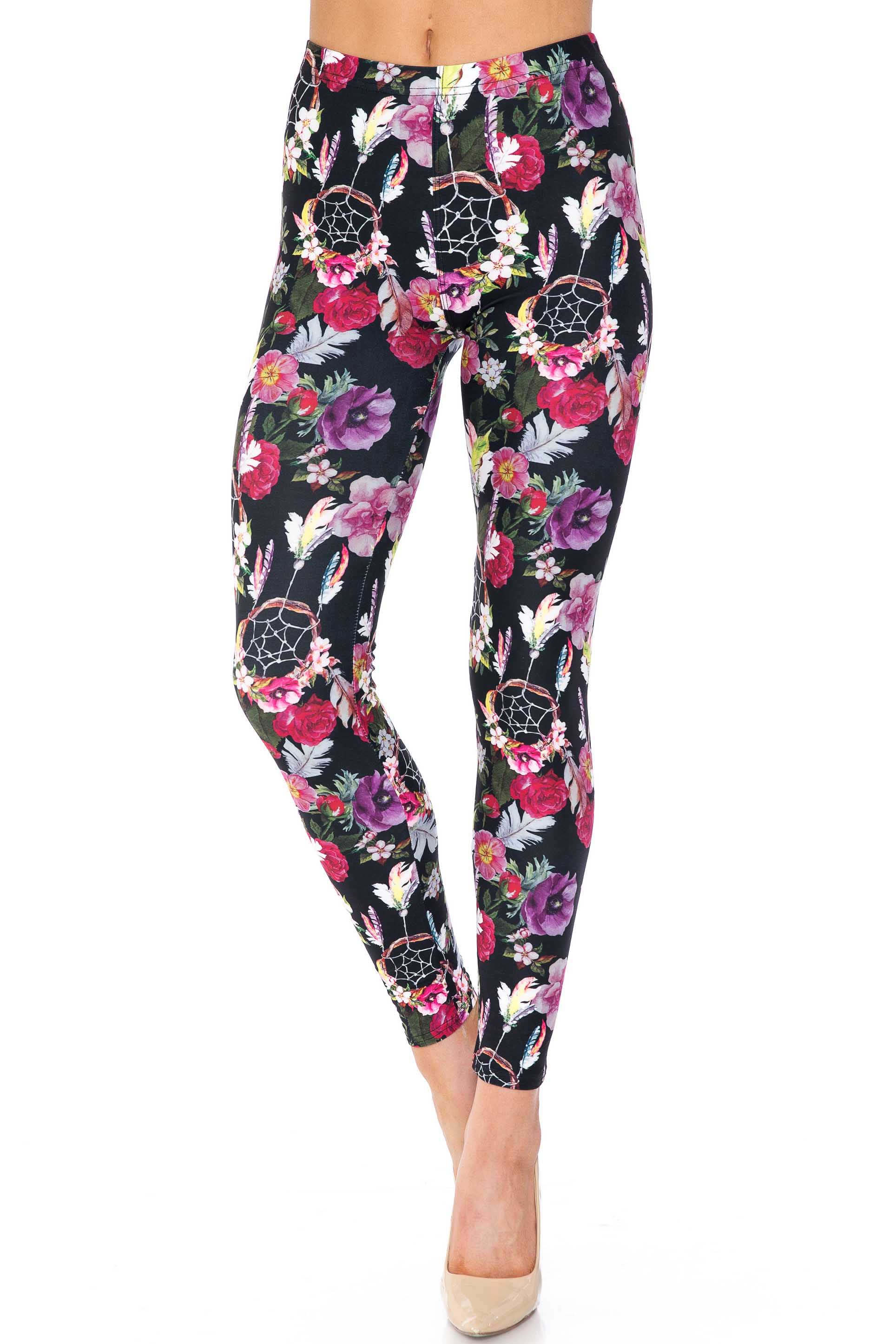 Creamy Soft Floral Dreamcatcher Extra Plus Size Leggings - 3X-5X - USA Fashion (XPlus One Size,Black)
