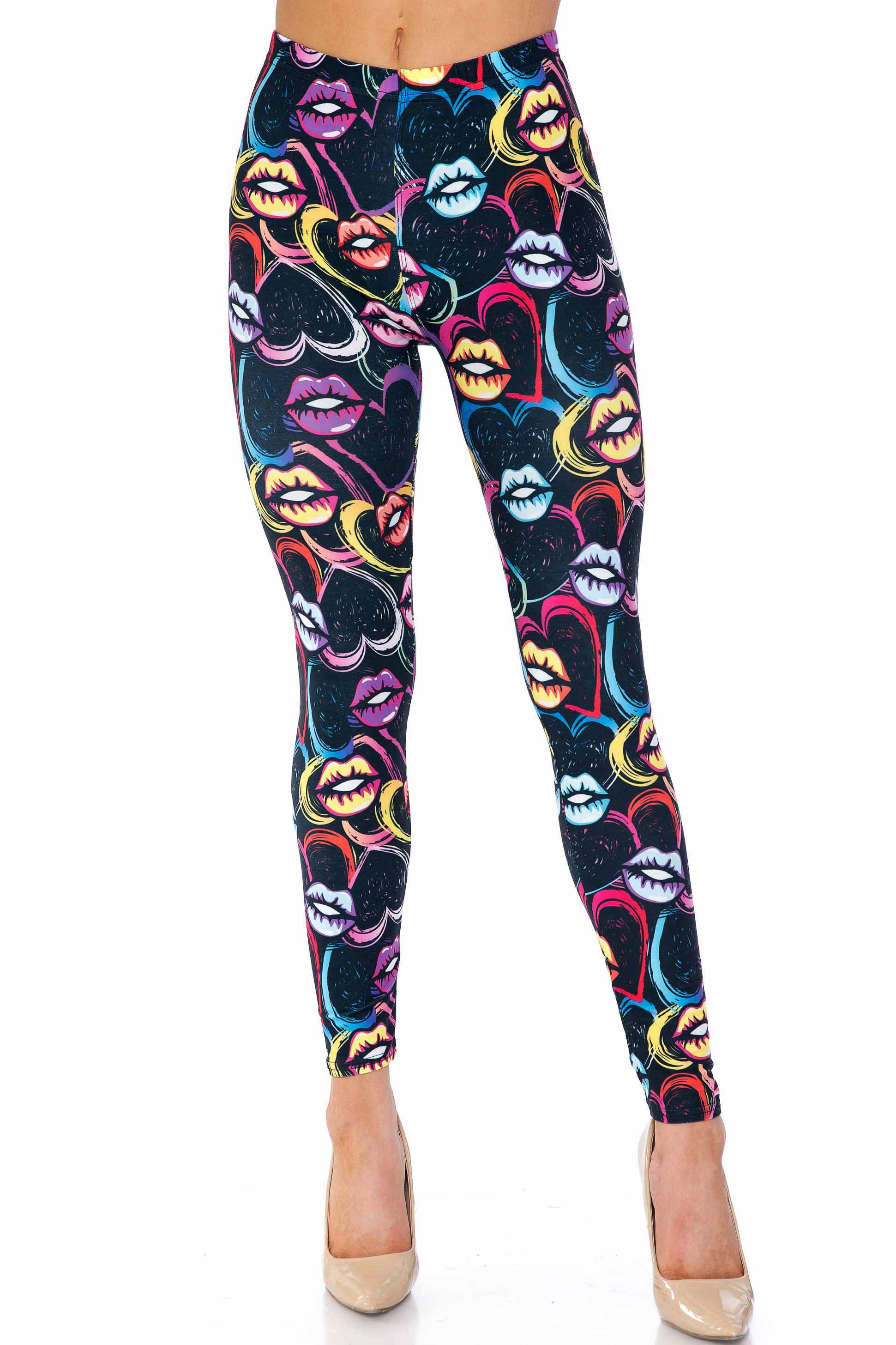 Creamy Soft Colorful Lips and Hearts Extra Plus Size Leggings - 3X-5X - USA Fashion (XPlus One Size,Black)