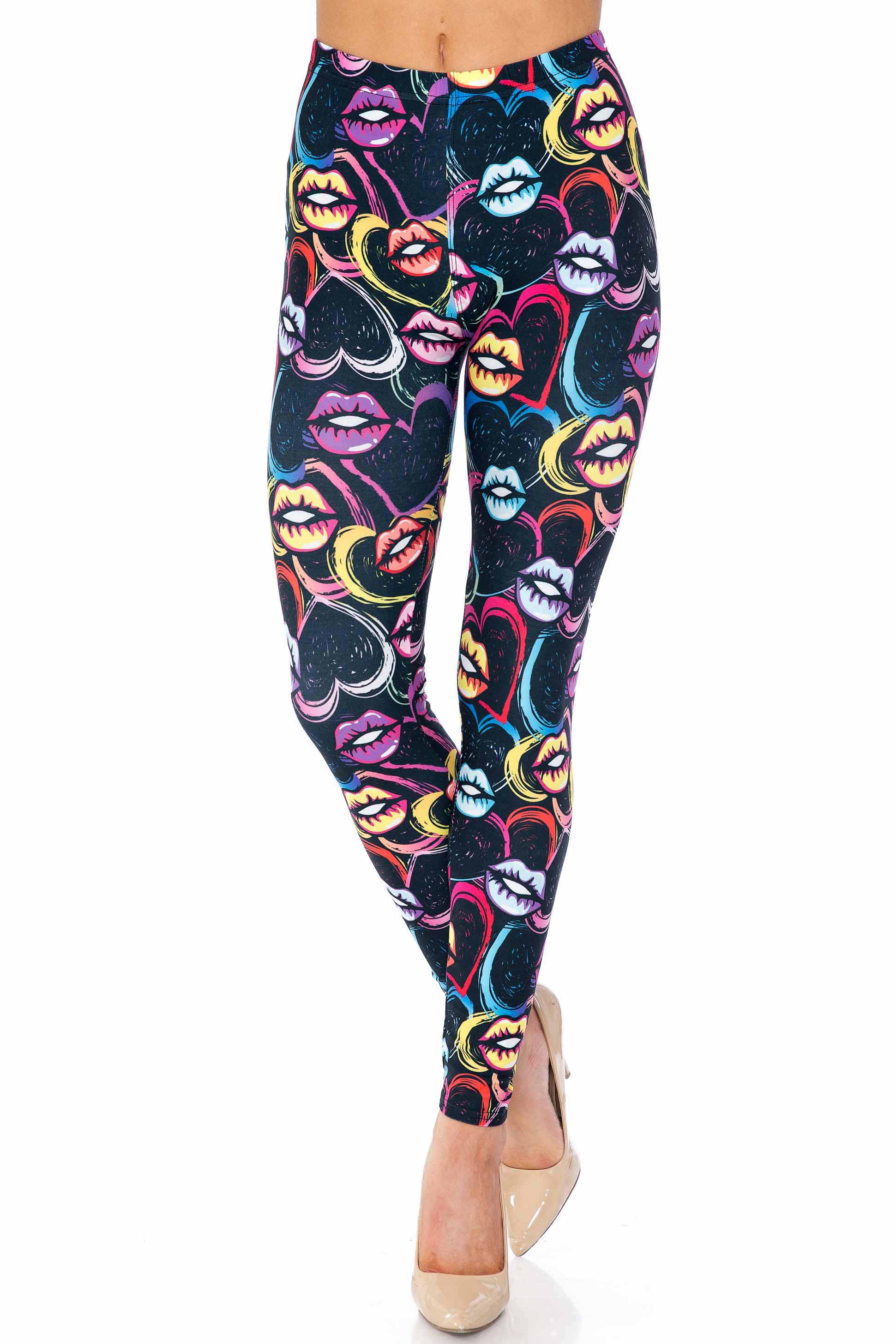 Creamy Soft Colorful Lips and Hearts Extra Plus Size Leggings - 3X-5X - USA Fashion (XPlus One Size,Black)