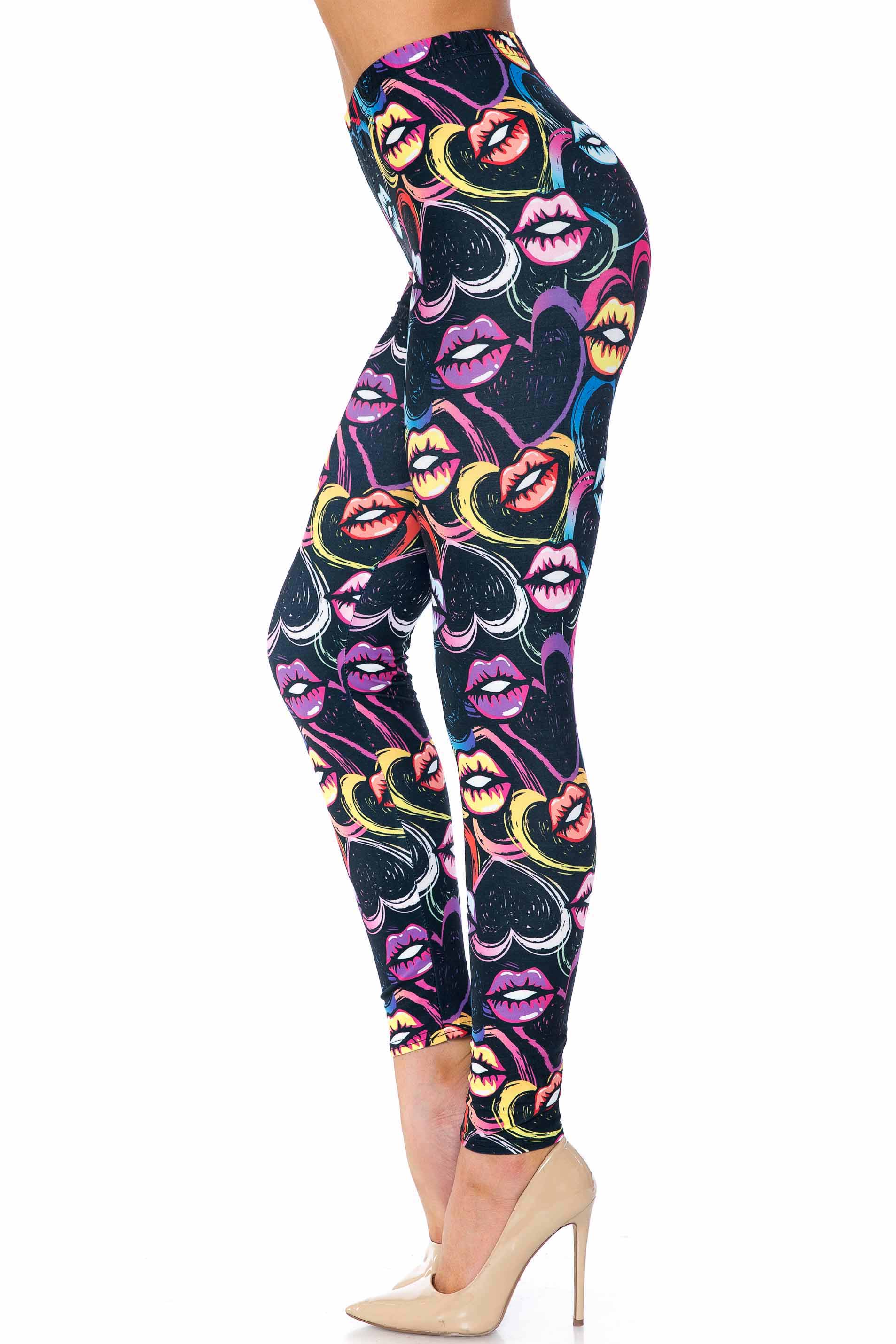 Creamy Soft Colorful Lips and Hearts Extra Plus Size Leggings - 3X-5X - USA Fashion (XPlus One Size,Black)