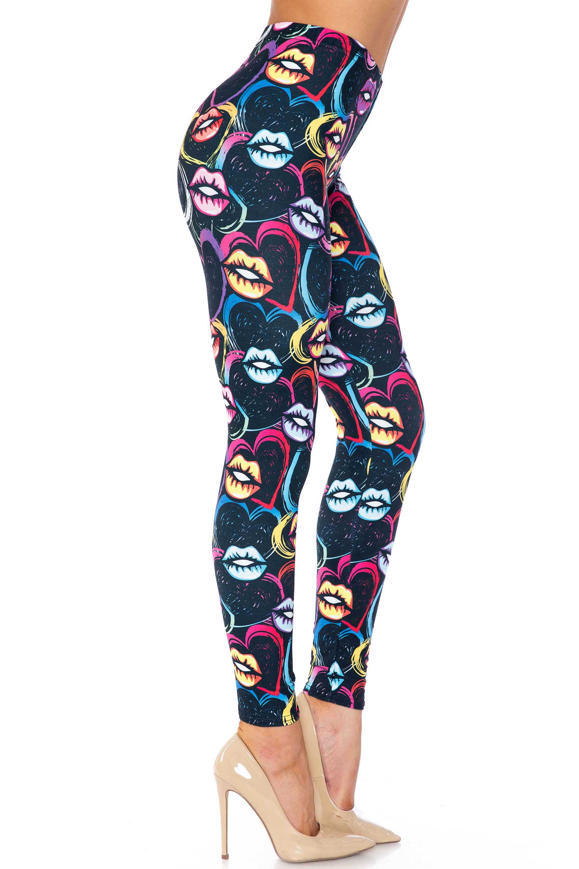 Creamy Soft Colorful Lips and Hearts Extra Plus Size Leggings - 3X-5X - USA Fashion (XPlus One Size,Black)