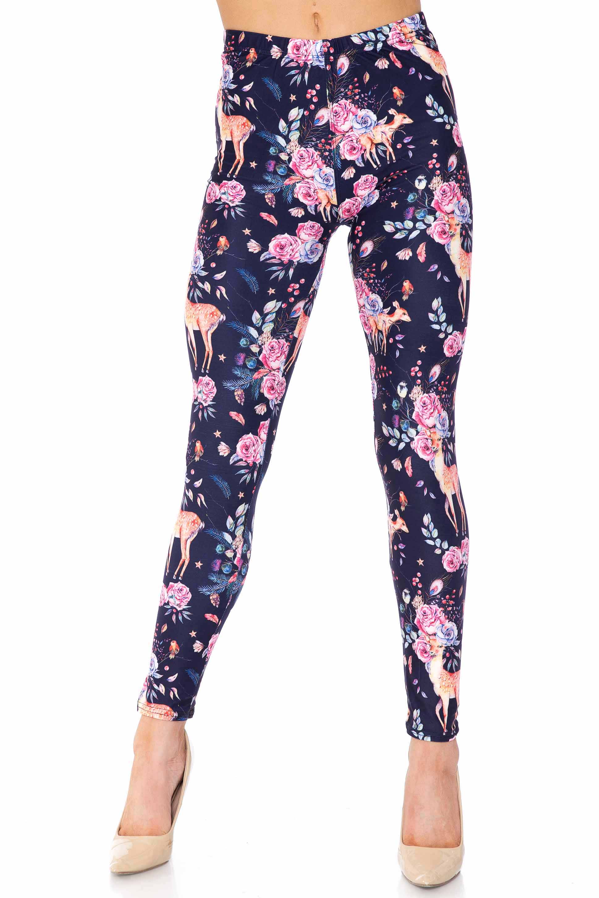 Creamy Soft Woodland Floral Fawn Extra Plus Size Leggings - 3X-5X - USA Fashion (XPlus One Size,Black)
