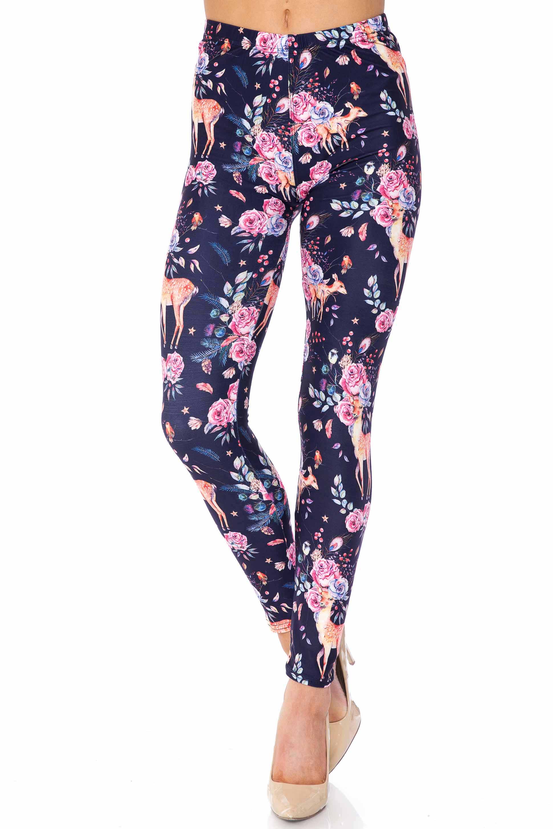 Creamy Soft Woodland Floral Fawn Extra Plus Size Leggings - 3X-5X - USA Fashion (XPlus One Size,Black)