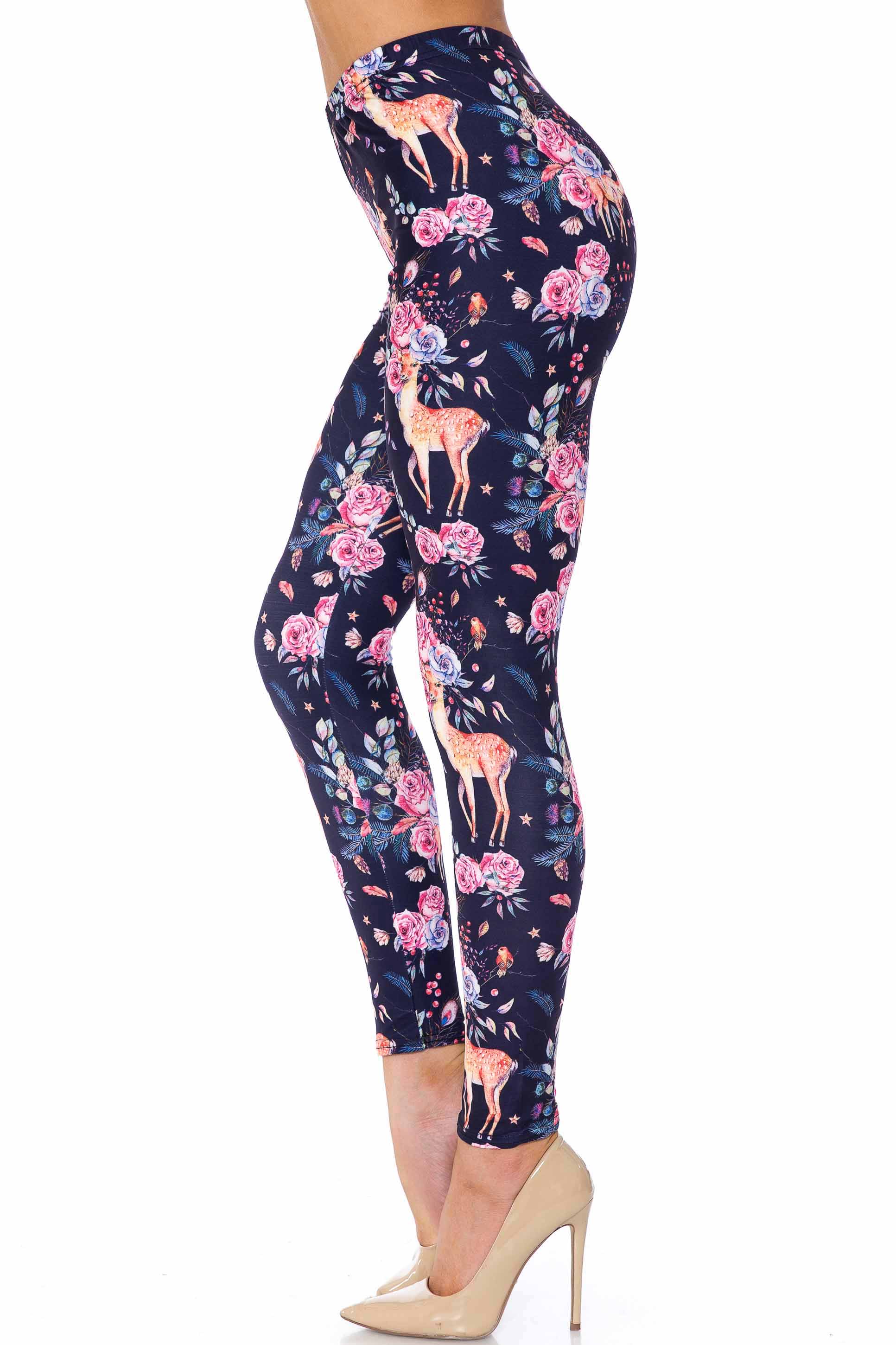 Creamy Soft Woodland Floral Fawn Extra Plus Size Leggings - 3X-5X - USA Fashion (XPlus One Size,Black)