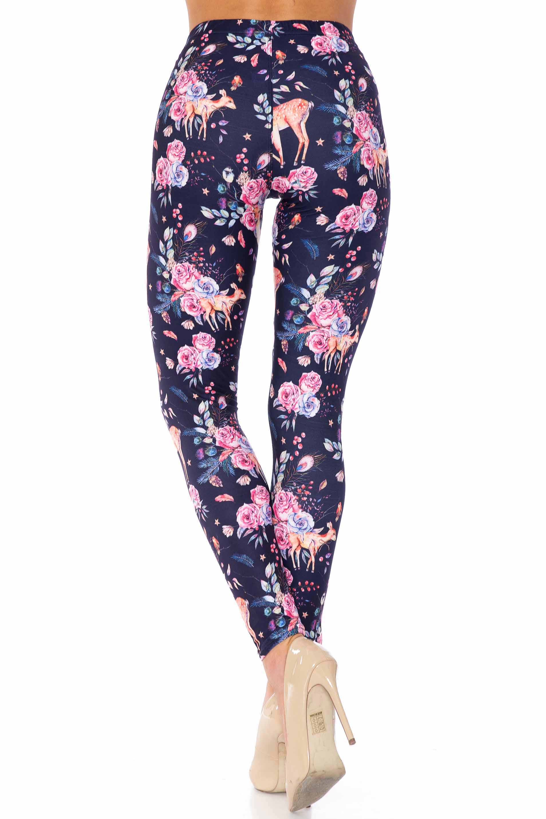 Creamy Soft Woodland Floral Fawn Extra Plus Size Leggings - 3X-5X - USA Fashion (XPlus One Size,Black)