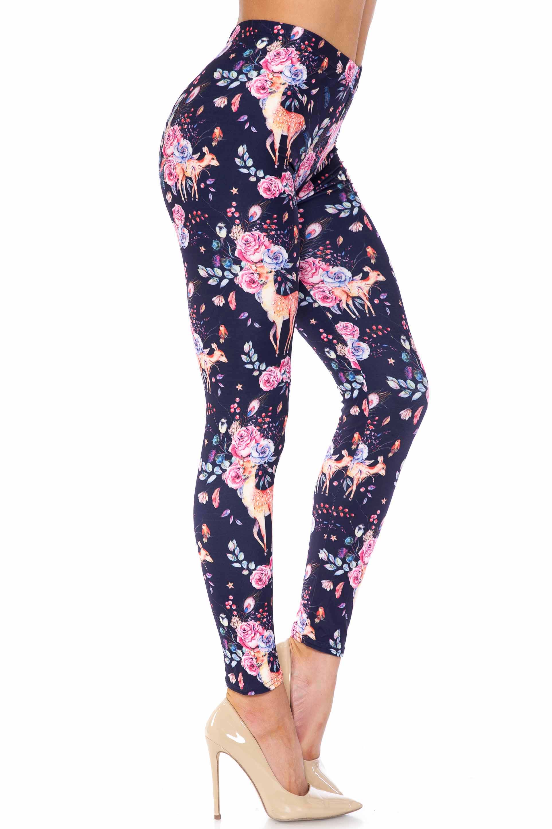 Creamy Soft Woodland Floral Fawn Extra Plus Size Leggings - 3X-5X - USA Fashion (XPlus One Size,Black)