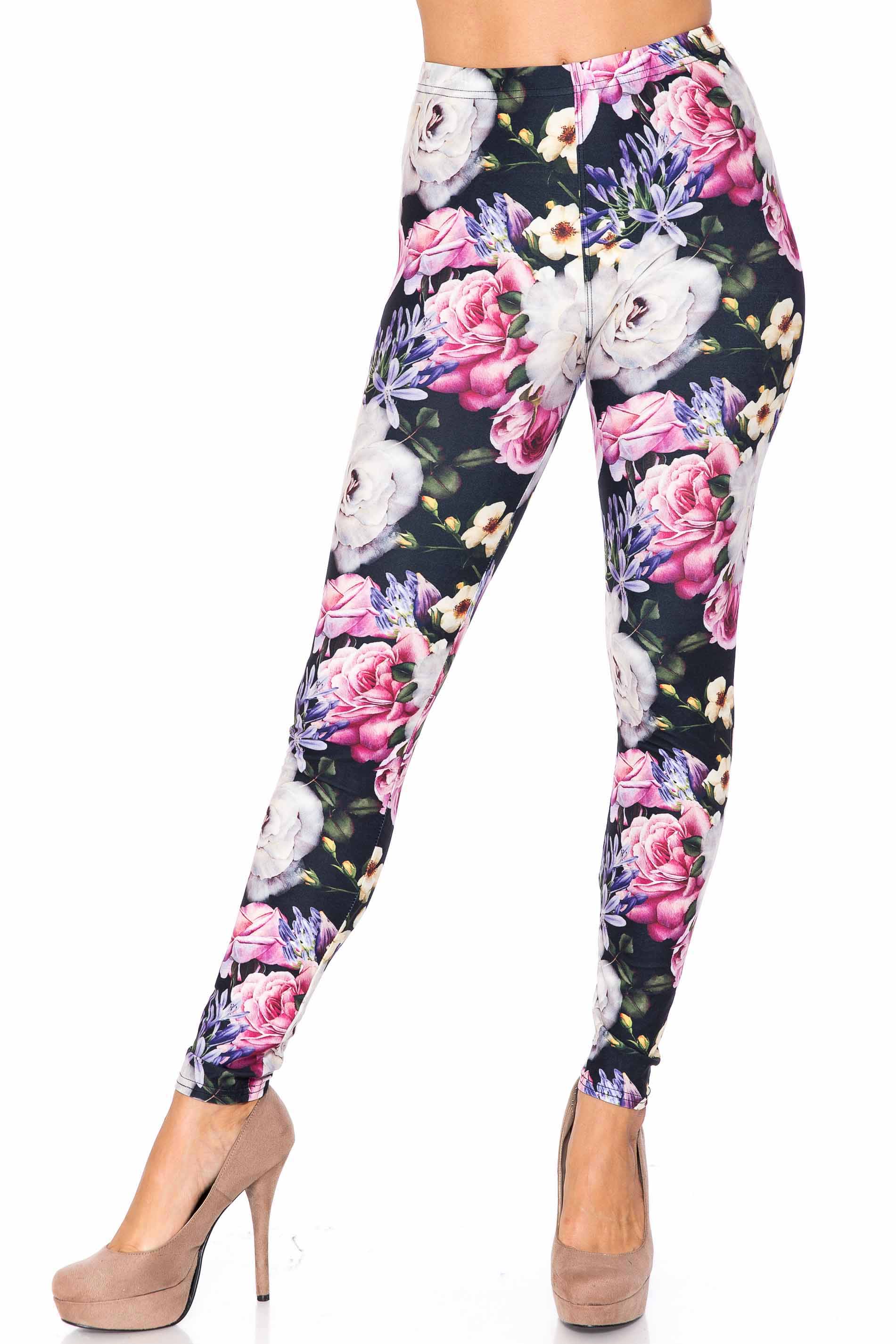Creamy Soft Floral Garden Bouquet Extra Plus Size Leggings - 3X-5X - USA Fashion (XPlus One Size,White)