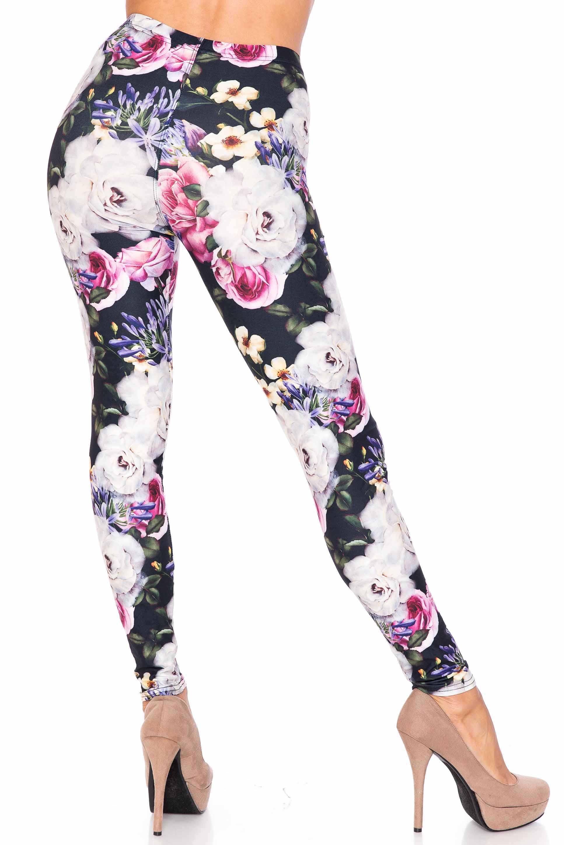 Creamy Soft Floral Garden Bouquet Extra Plus Size Leggings - 3X-5X - USA Fashion (XPlus One Size,White)