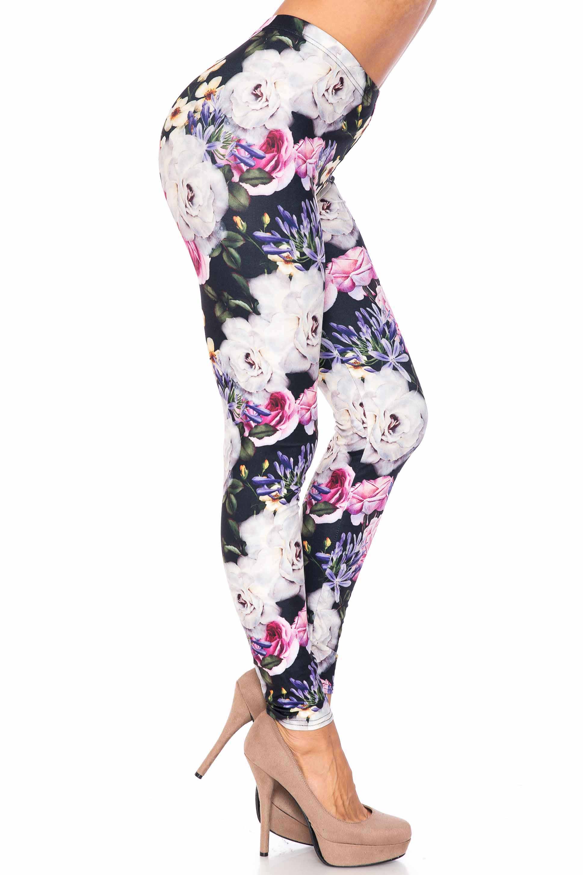 Creamy Soft Floral Garden Bouquet Extra Plus Size Leggings - 3X-5X - USA Fashion (XPlus One Size,White)